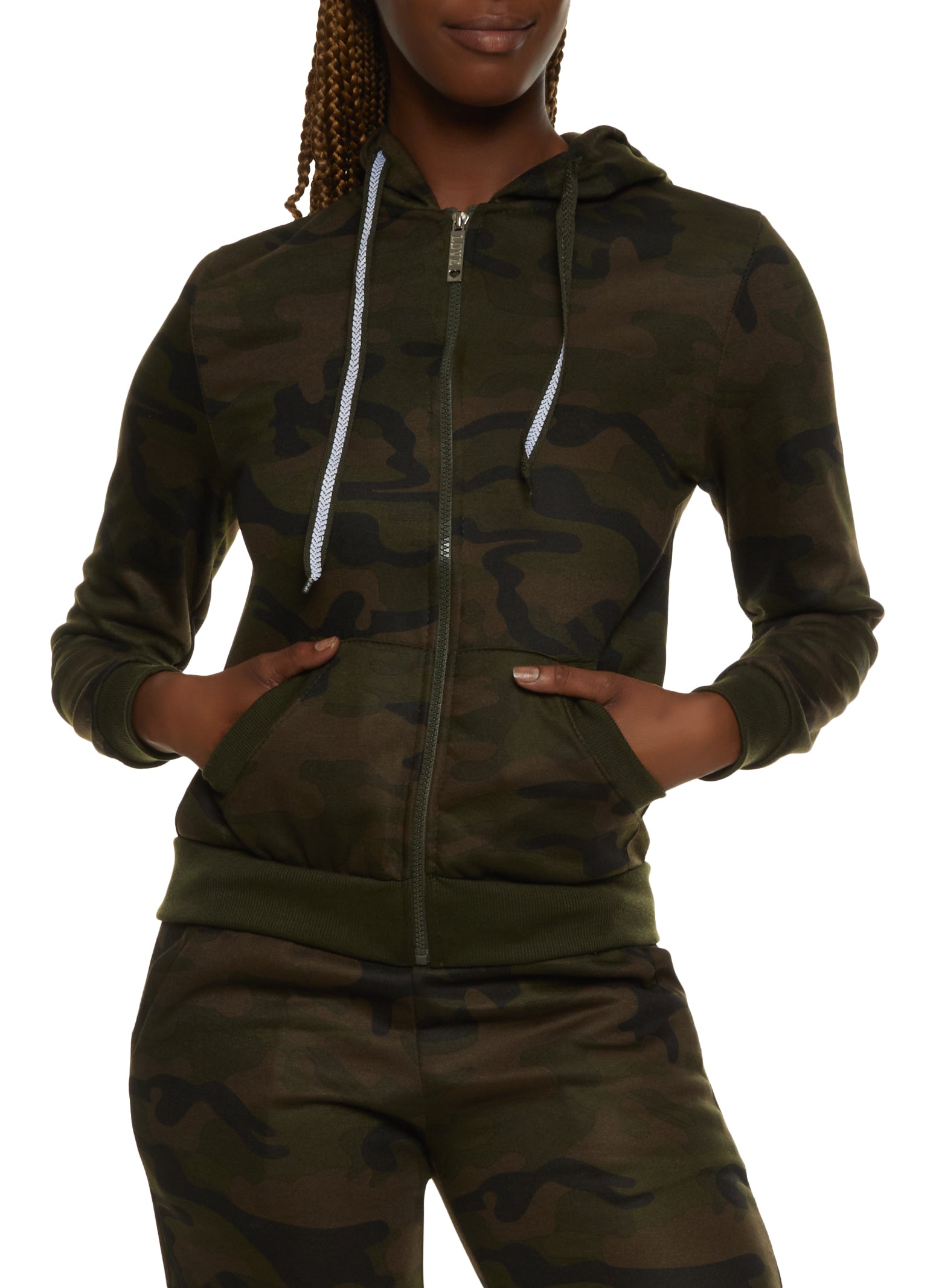 Solid Fleece Zip Front Hooded Sweatshirt