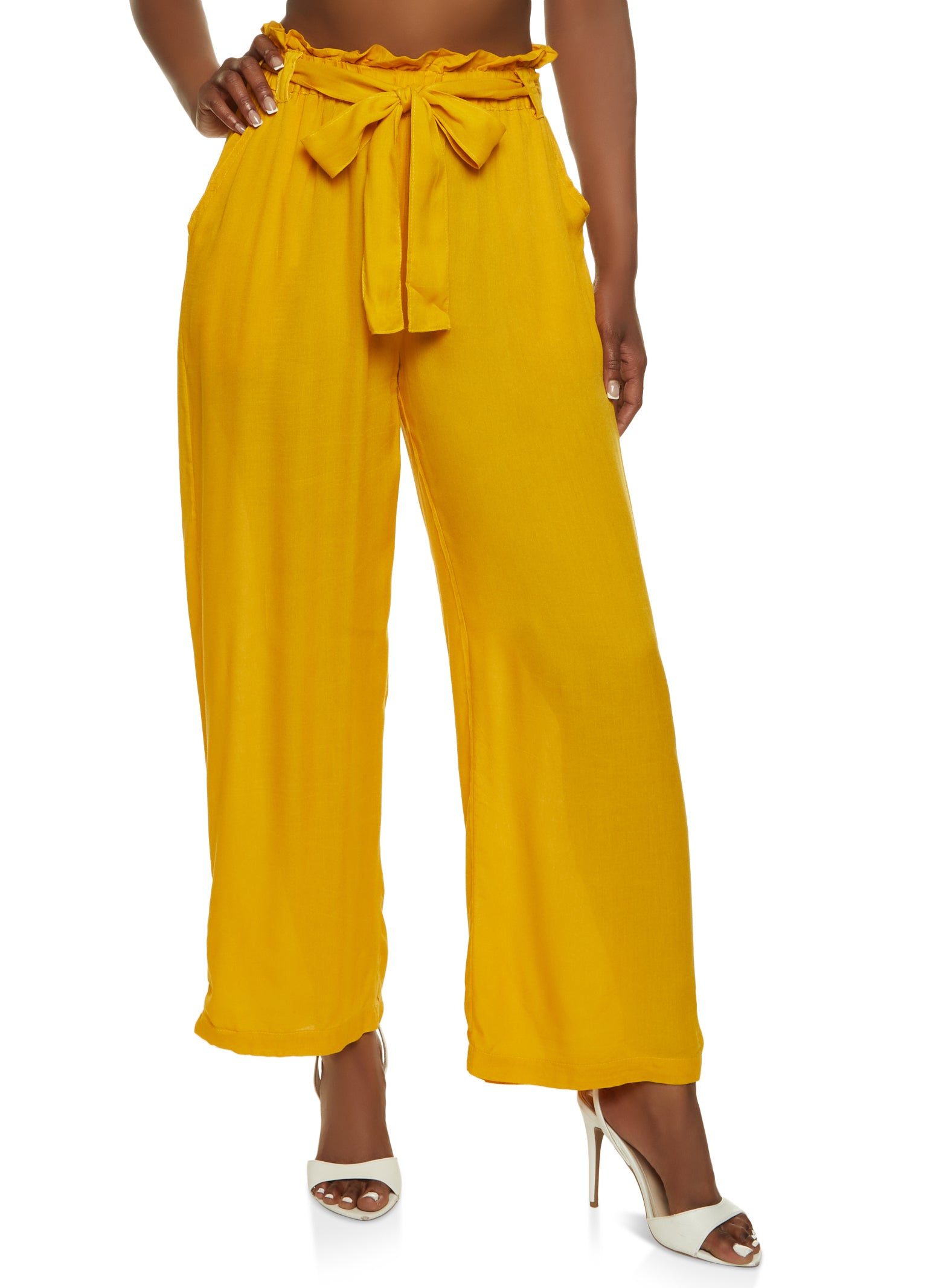 Solid Paper Bag Waist Wide Leg Pants