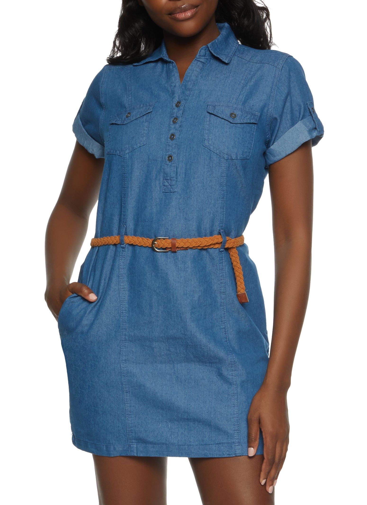 Braided Belt Denim Shirt Dress