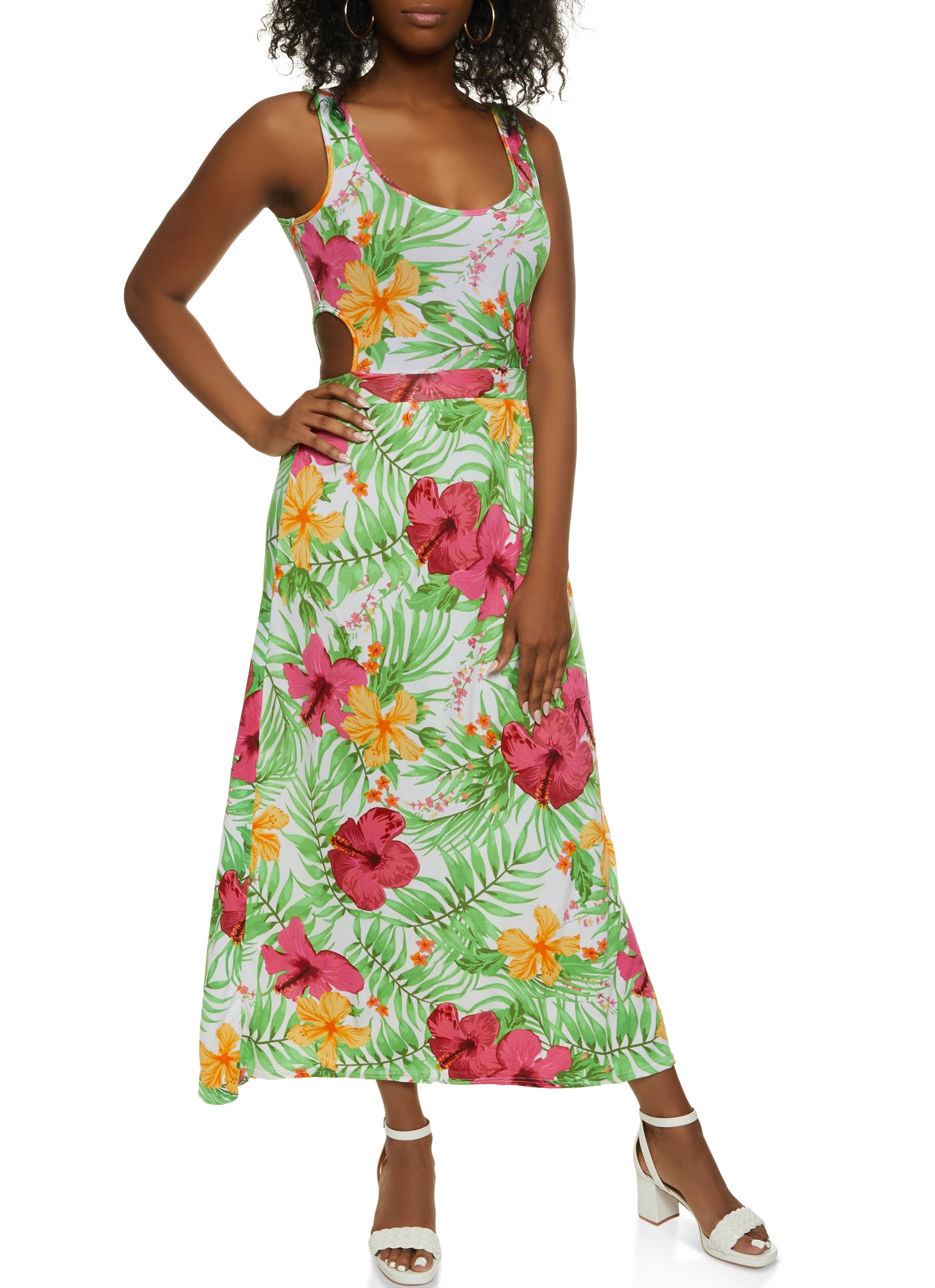 Tropical Floral Print Cut Out Maxi Dress