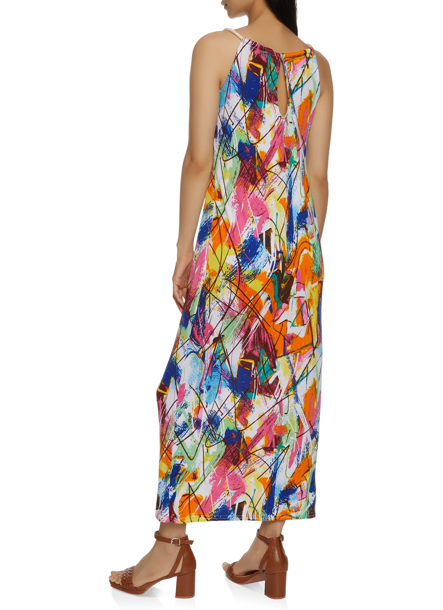 Abstract Print Rope Strap Scoop Neck Dress
