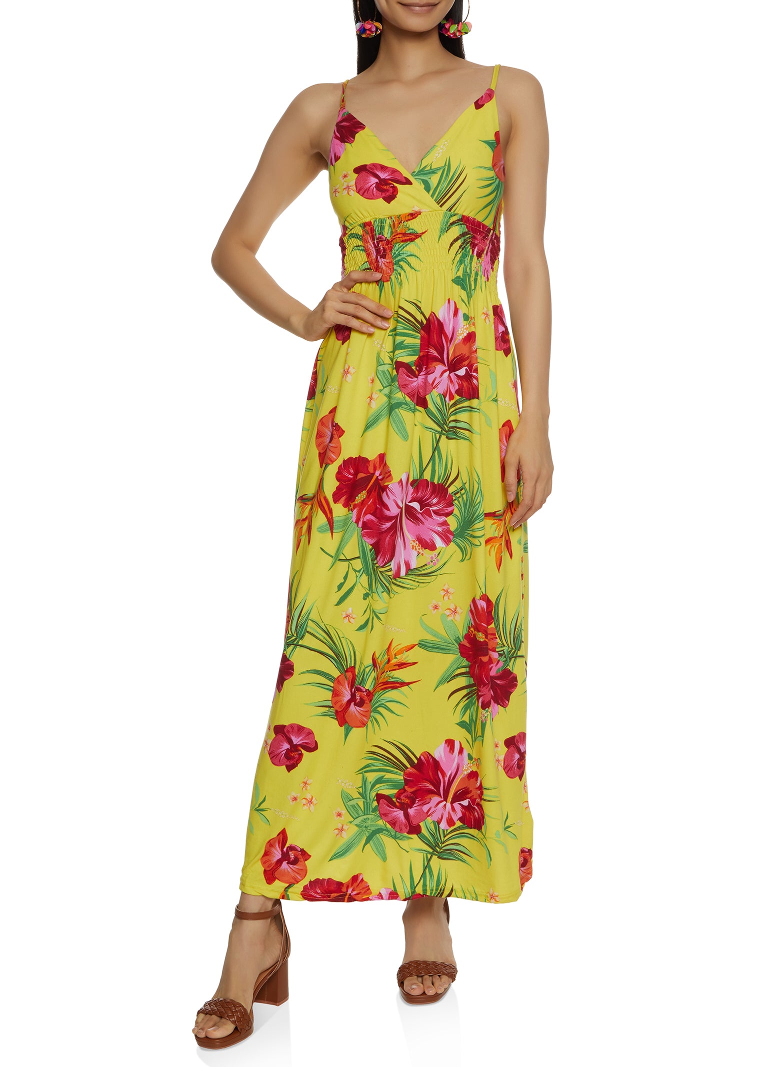 Tropical Printed Smocked Waist Maxi Dress