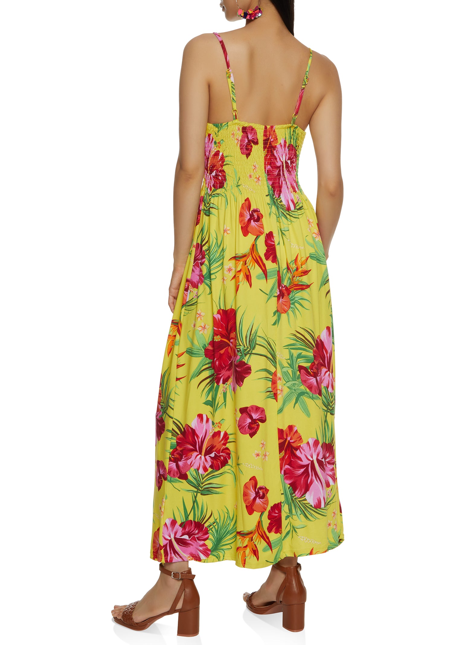 Tropical Printed Smocked Waist Maxi Dress