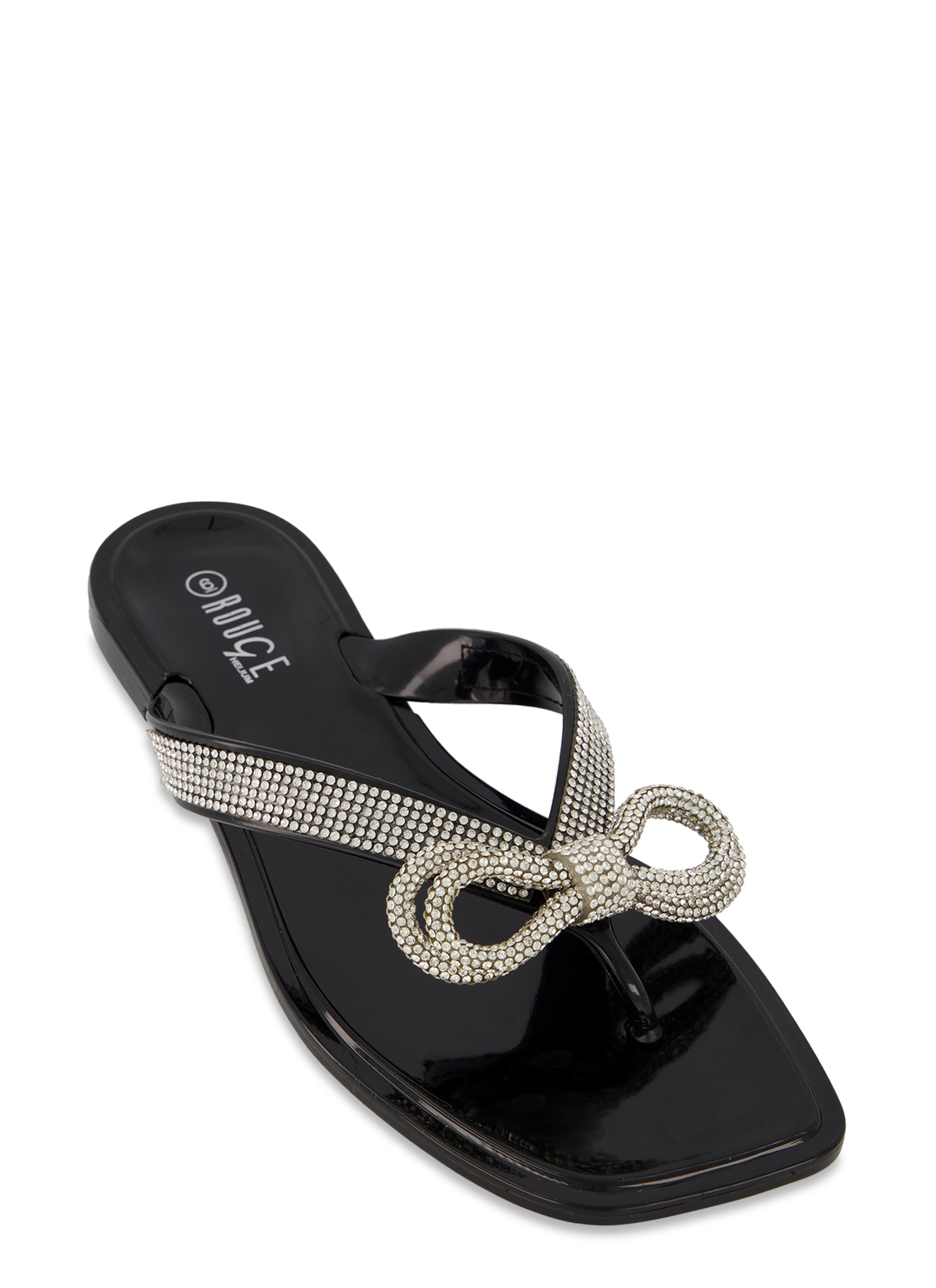 Rhinestone Bow Tie Thong Slide Sandals - Black