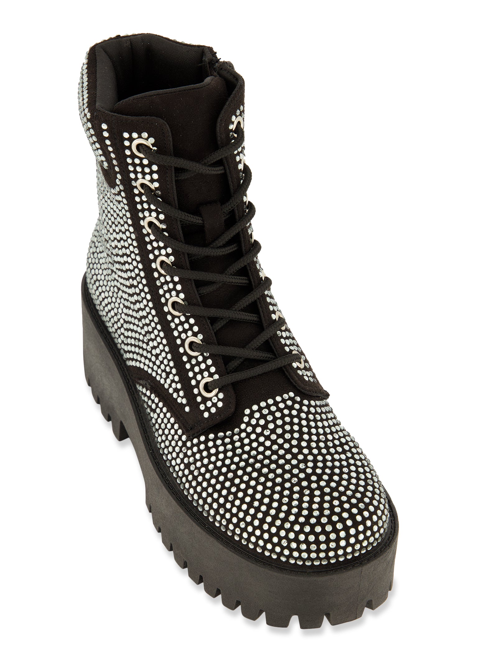 Rhinestone Studded Platform Combat Boots - Black Suede