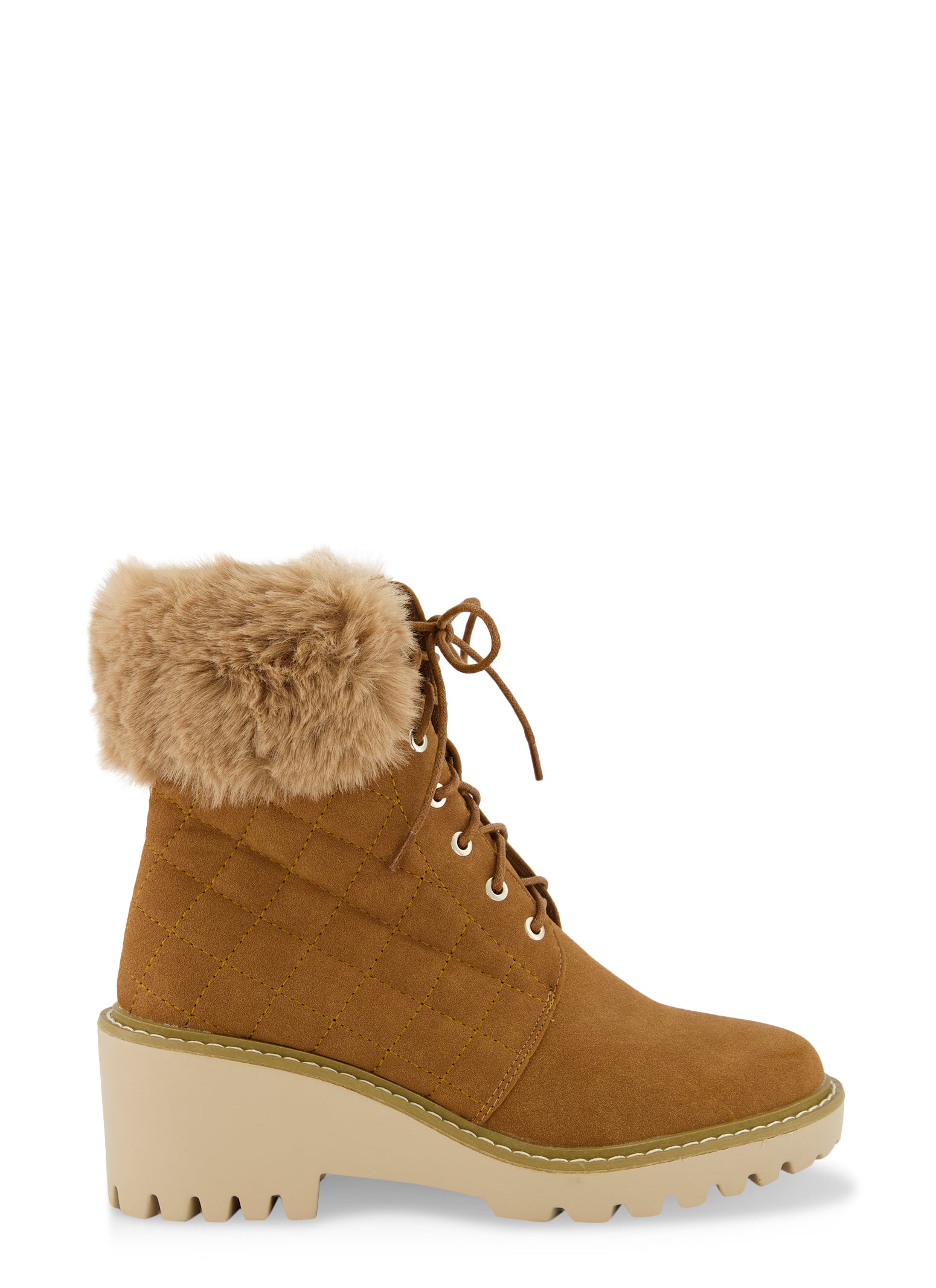 Faux Fur Trim Lace Up Wedge Booties
