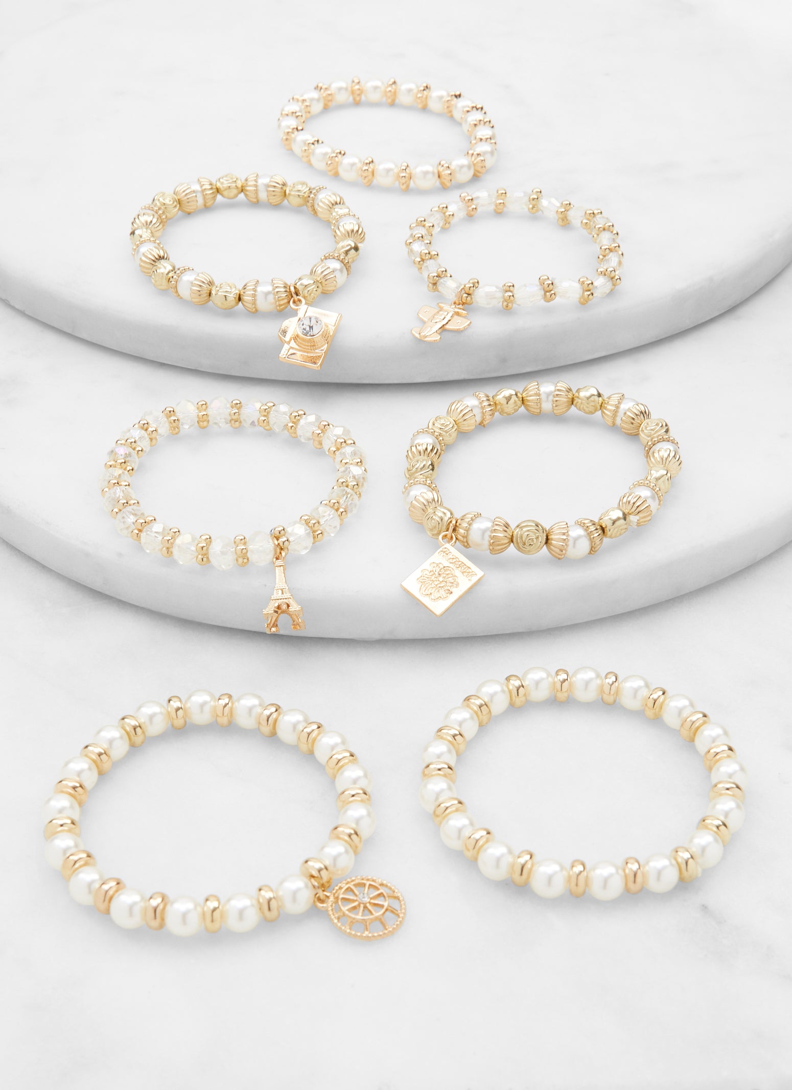 Set of 7 Assorted Faux Pearl Beaded Stretch Bracelets