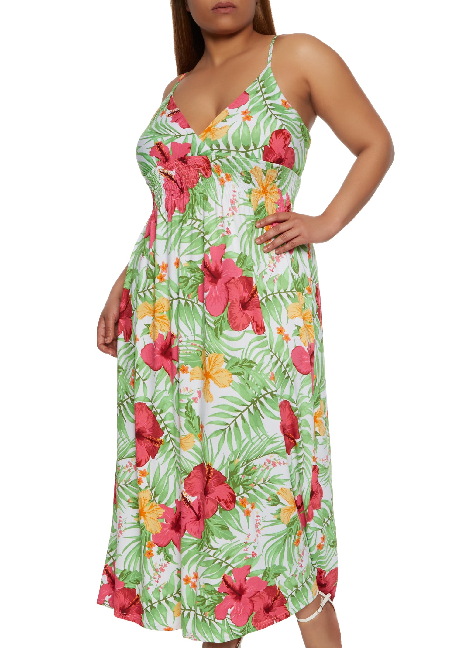 Plus Size Tropical Print Smocked Waist Maxi Dress