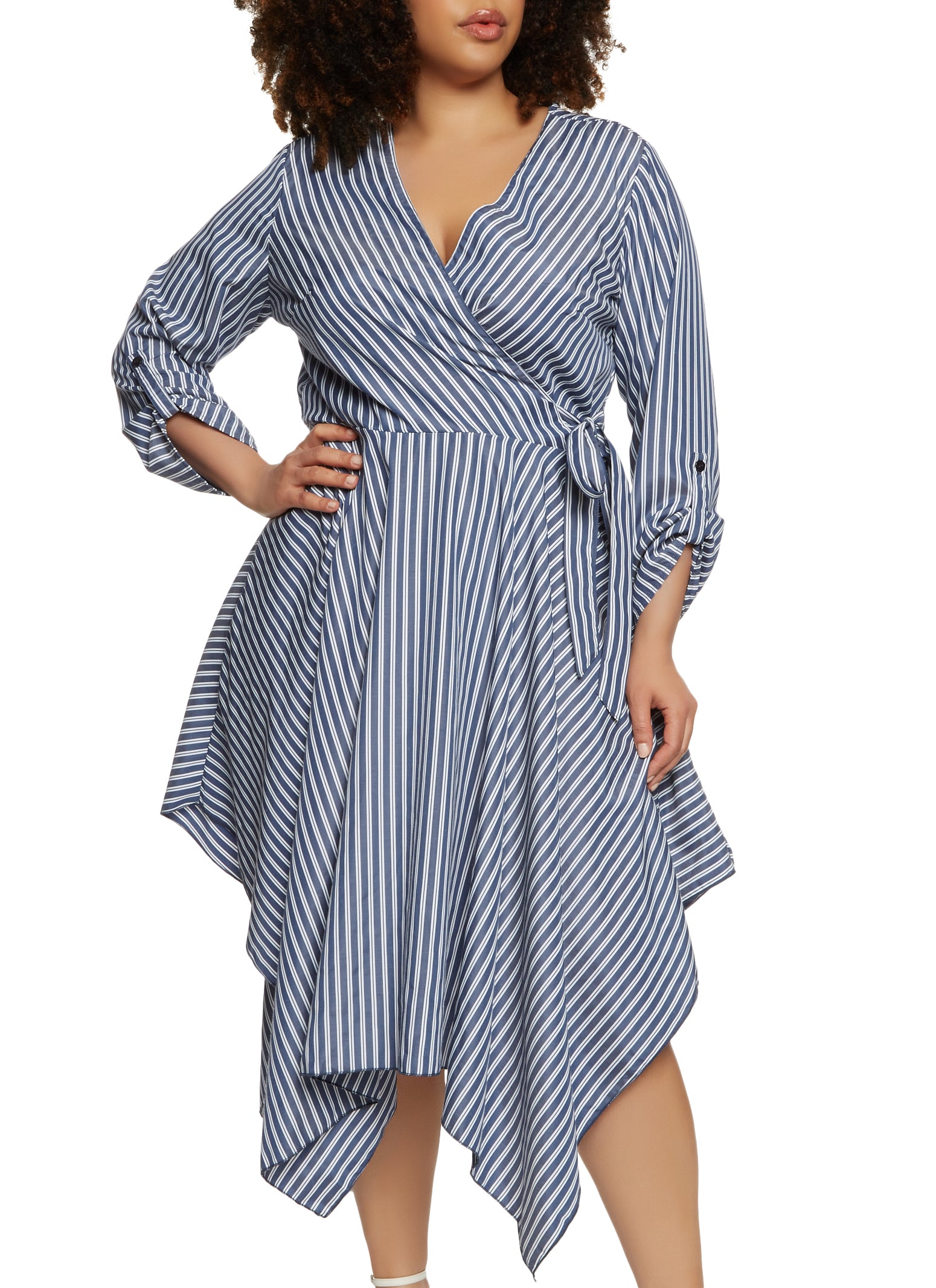 Plus Size Striped Cuffed Sleeve Wrap Dress