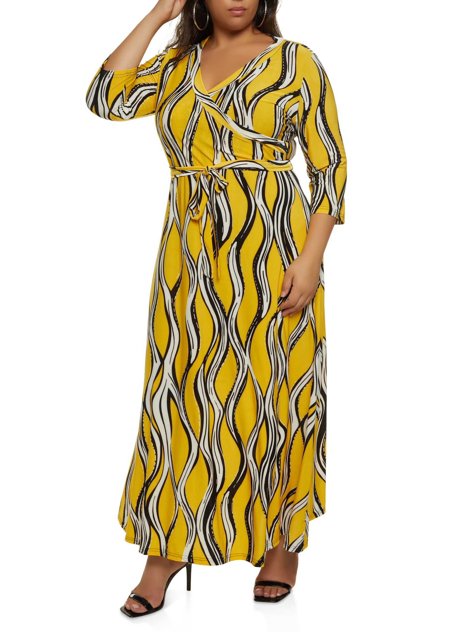 Plus Size Printed Tie Waist Belted Faux Wrap Maxi Dress