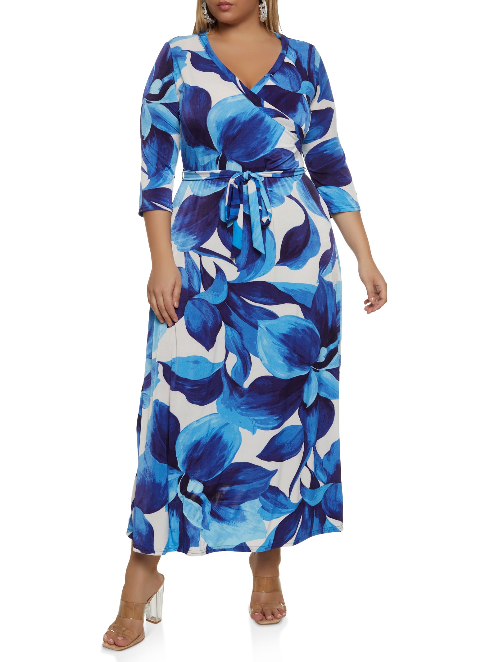 Plus Size Floral Print Belted Faux Wrap Maxi Dress