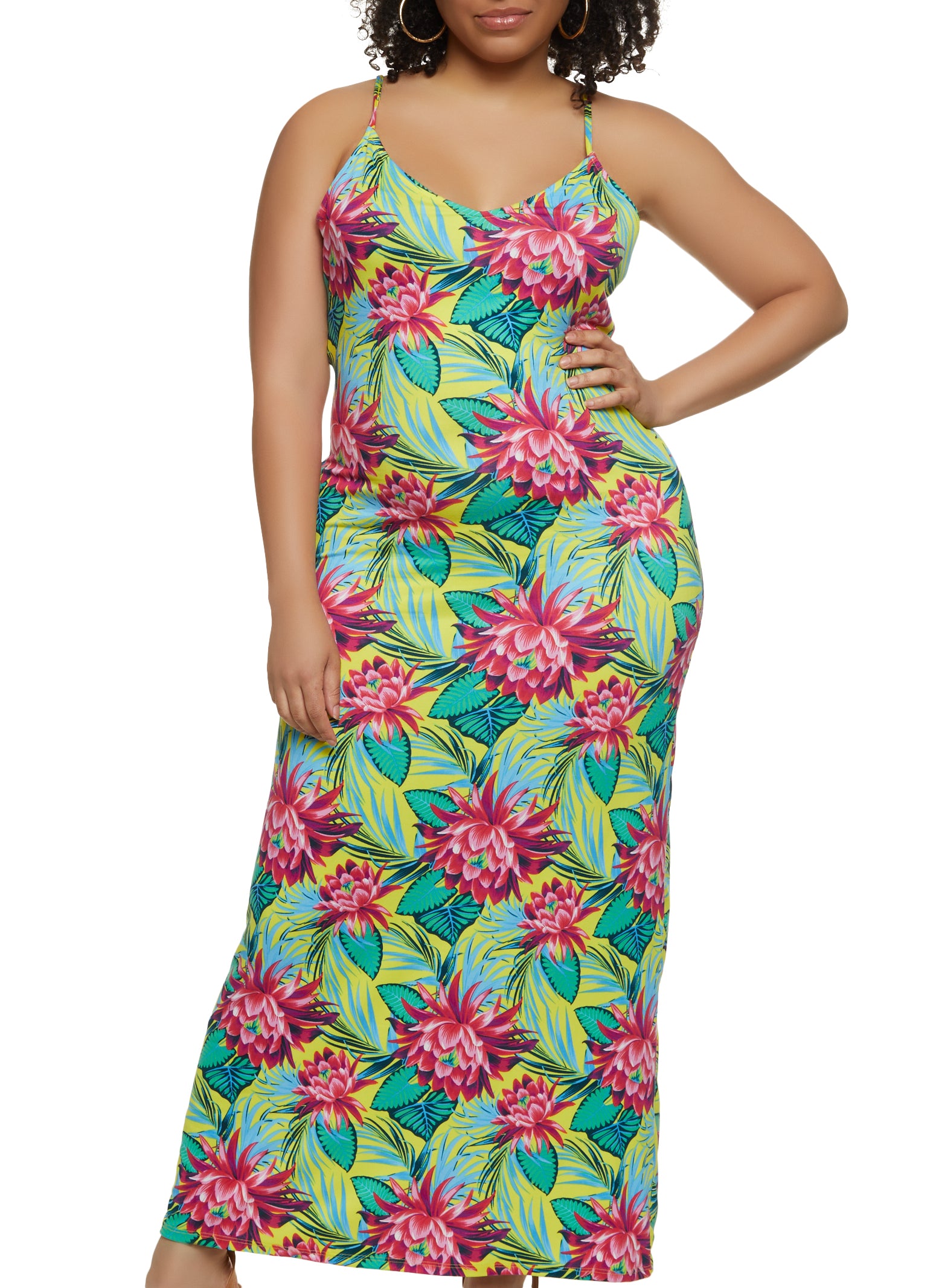 Plus Size Tropical Print Maxi Cami Dress