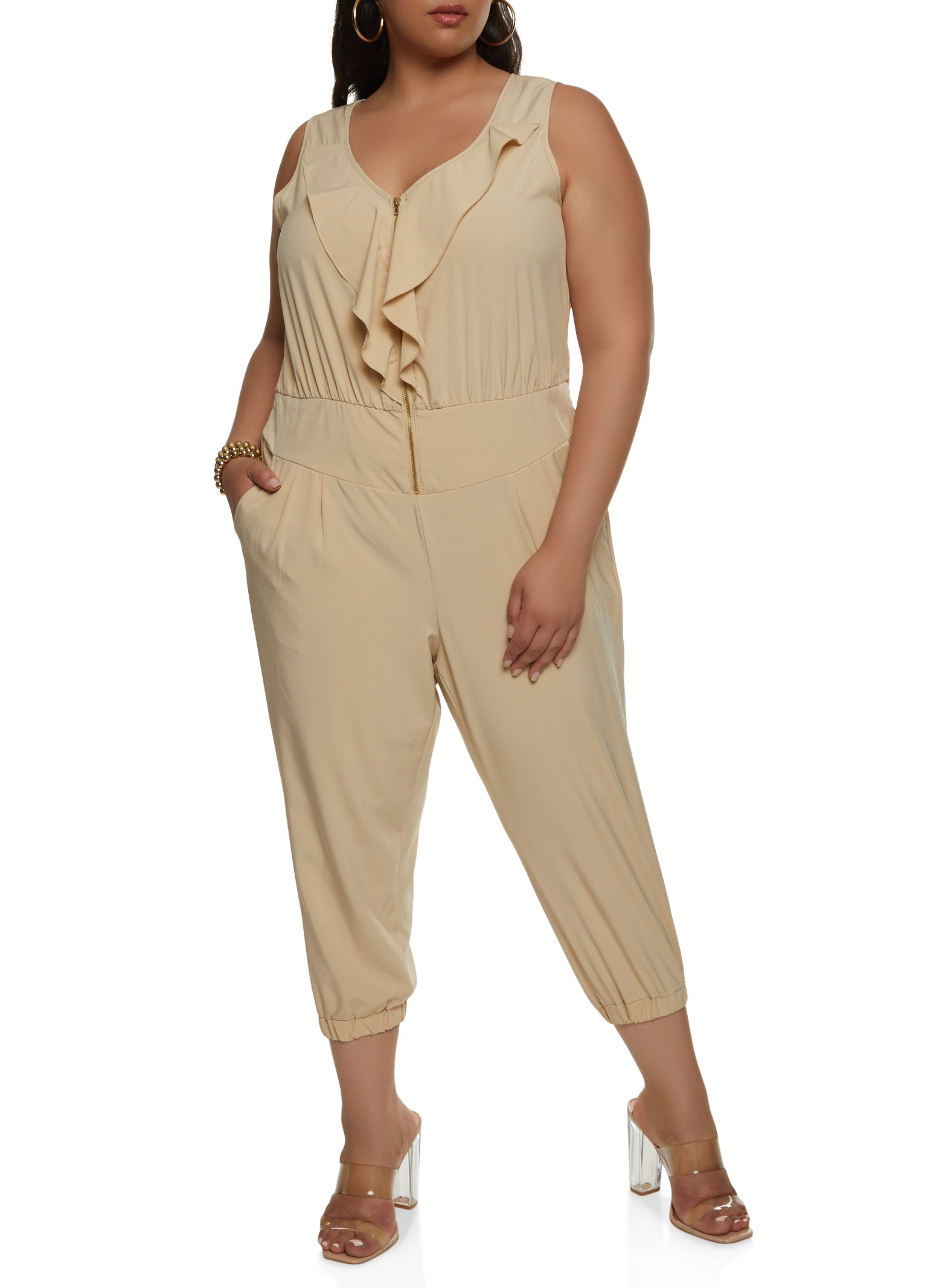 Plus Size Zip Front Ruffled Cropped Jumpsuit