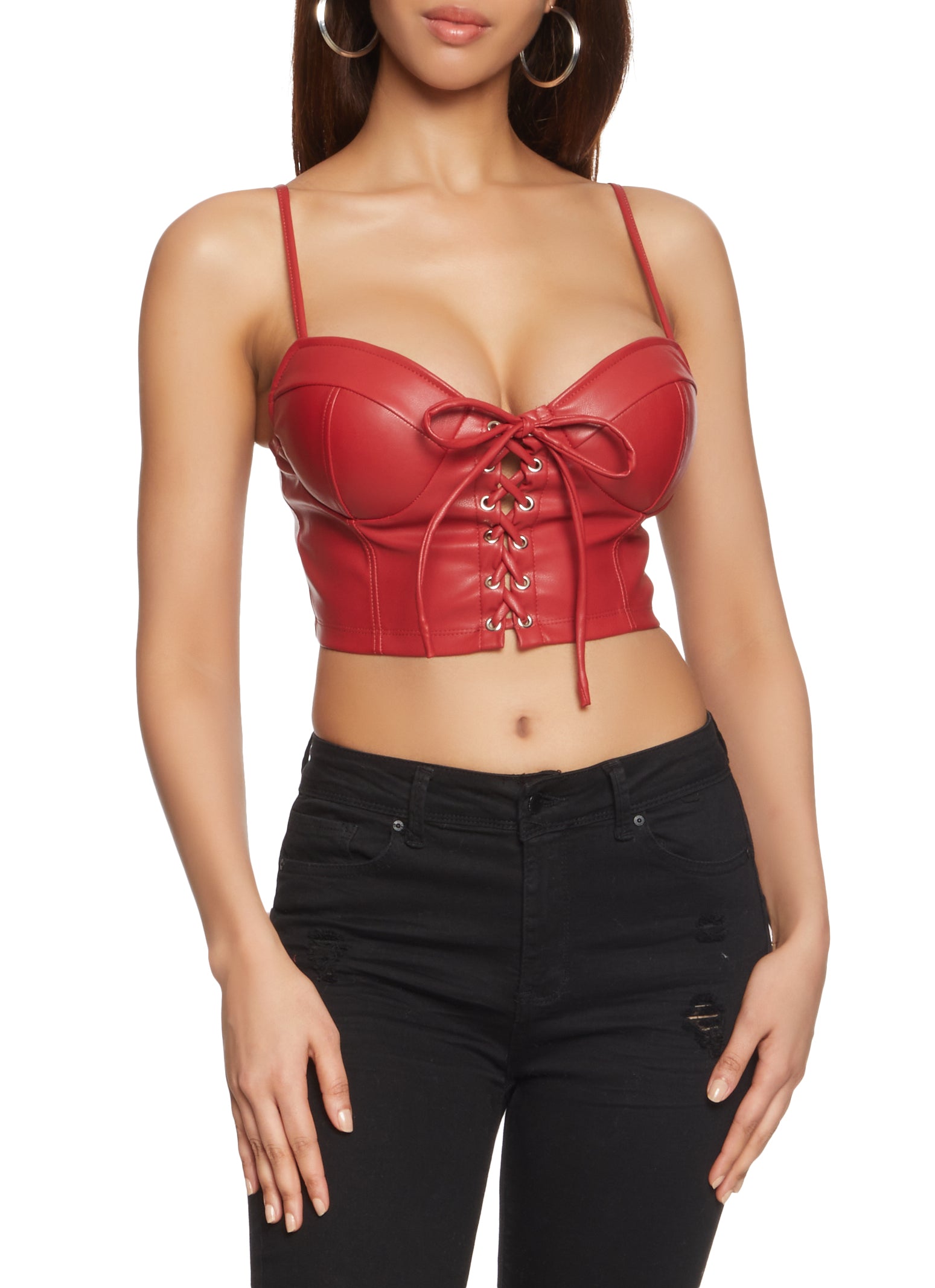 Faux Leather Lace Up Cropped Bustier Top