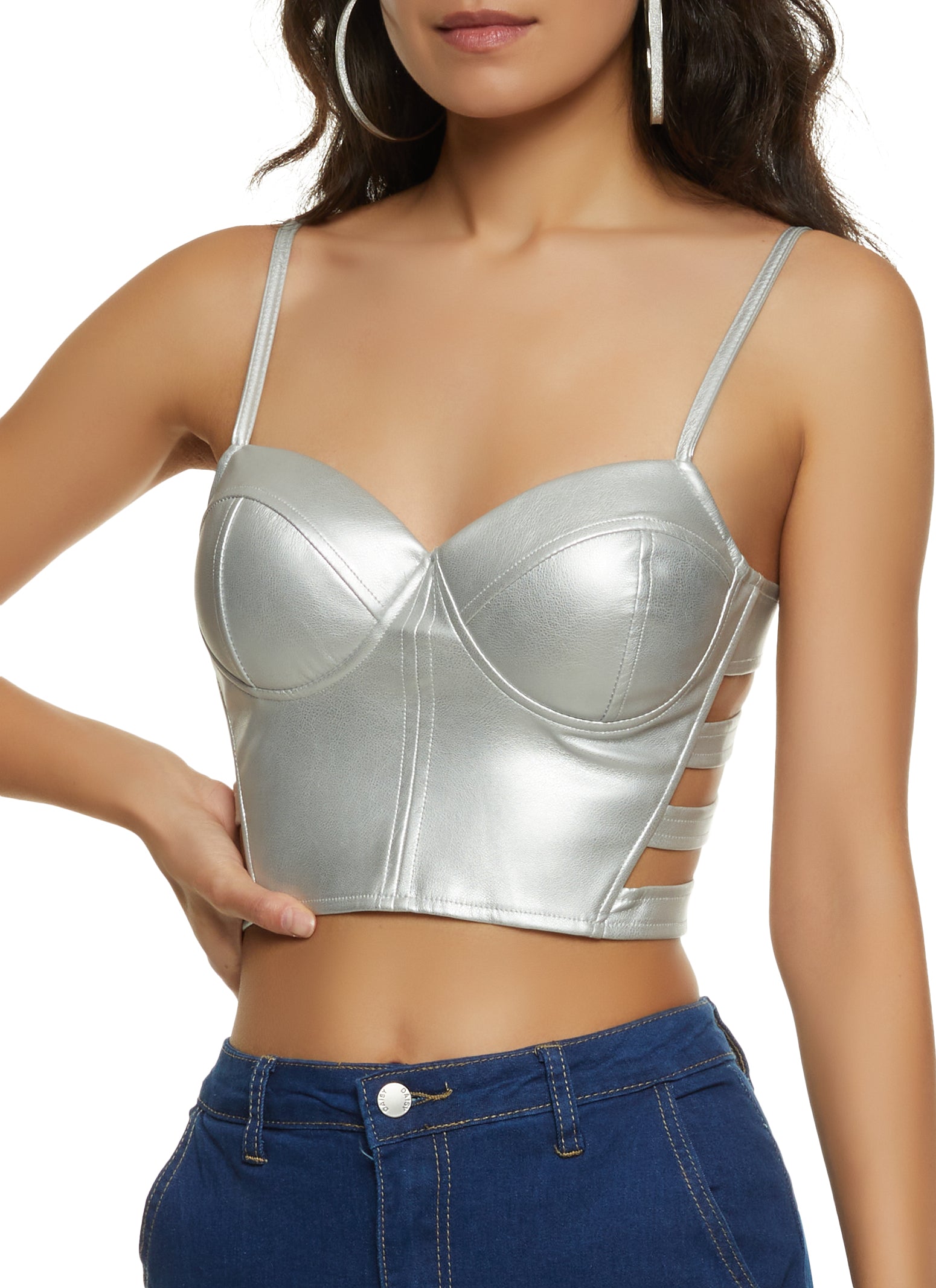 Faux Leather Caged Bustier Top - Silver