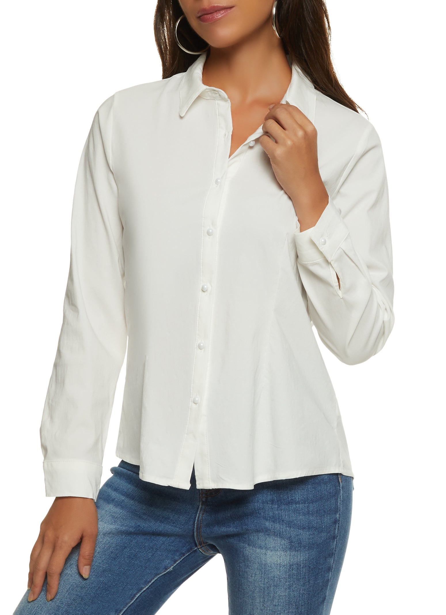 Long Sleeve Faux Pearl Button Front Shirt