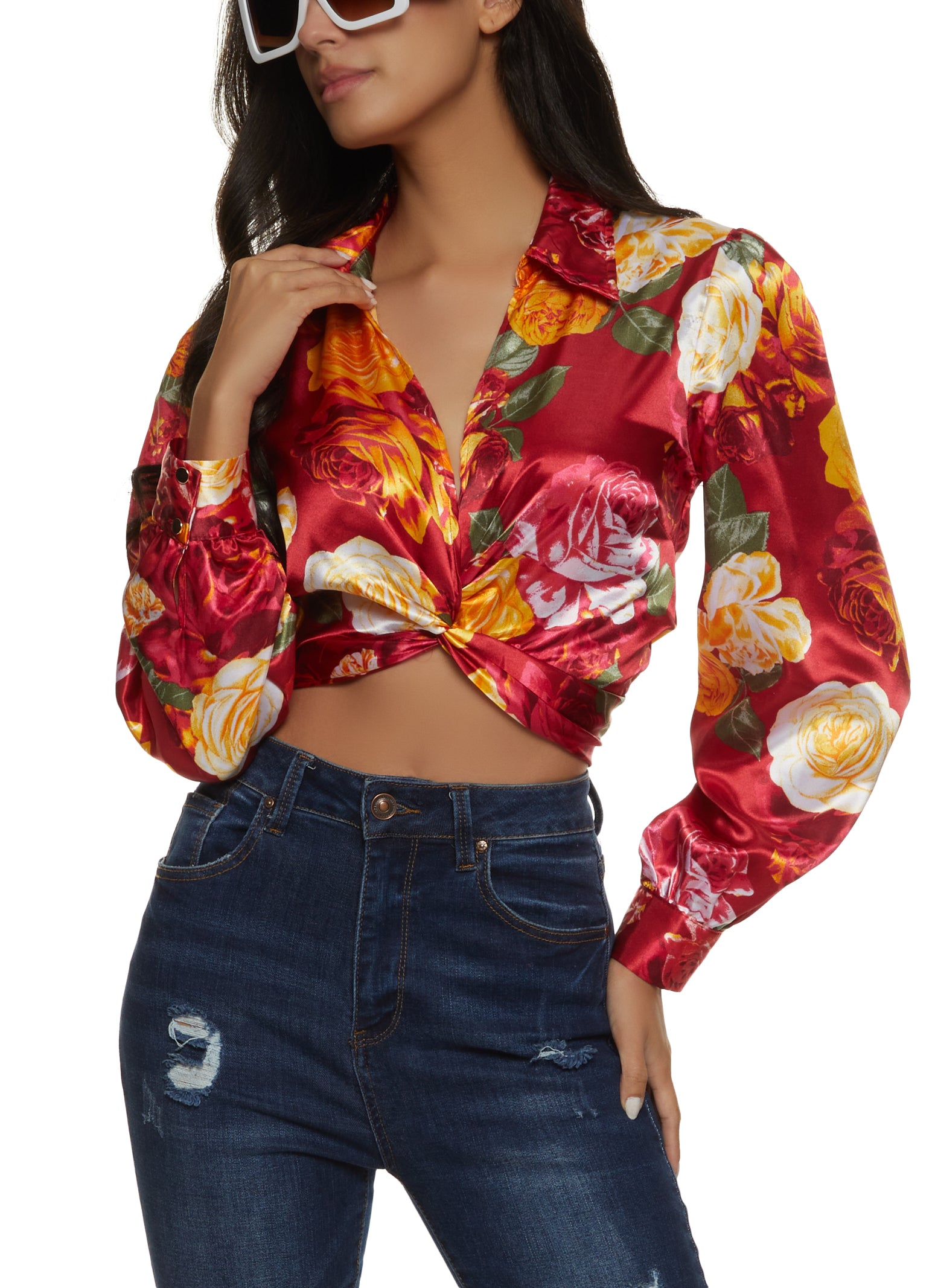 Satin Patterned Twist Front Crop Top - Red