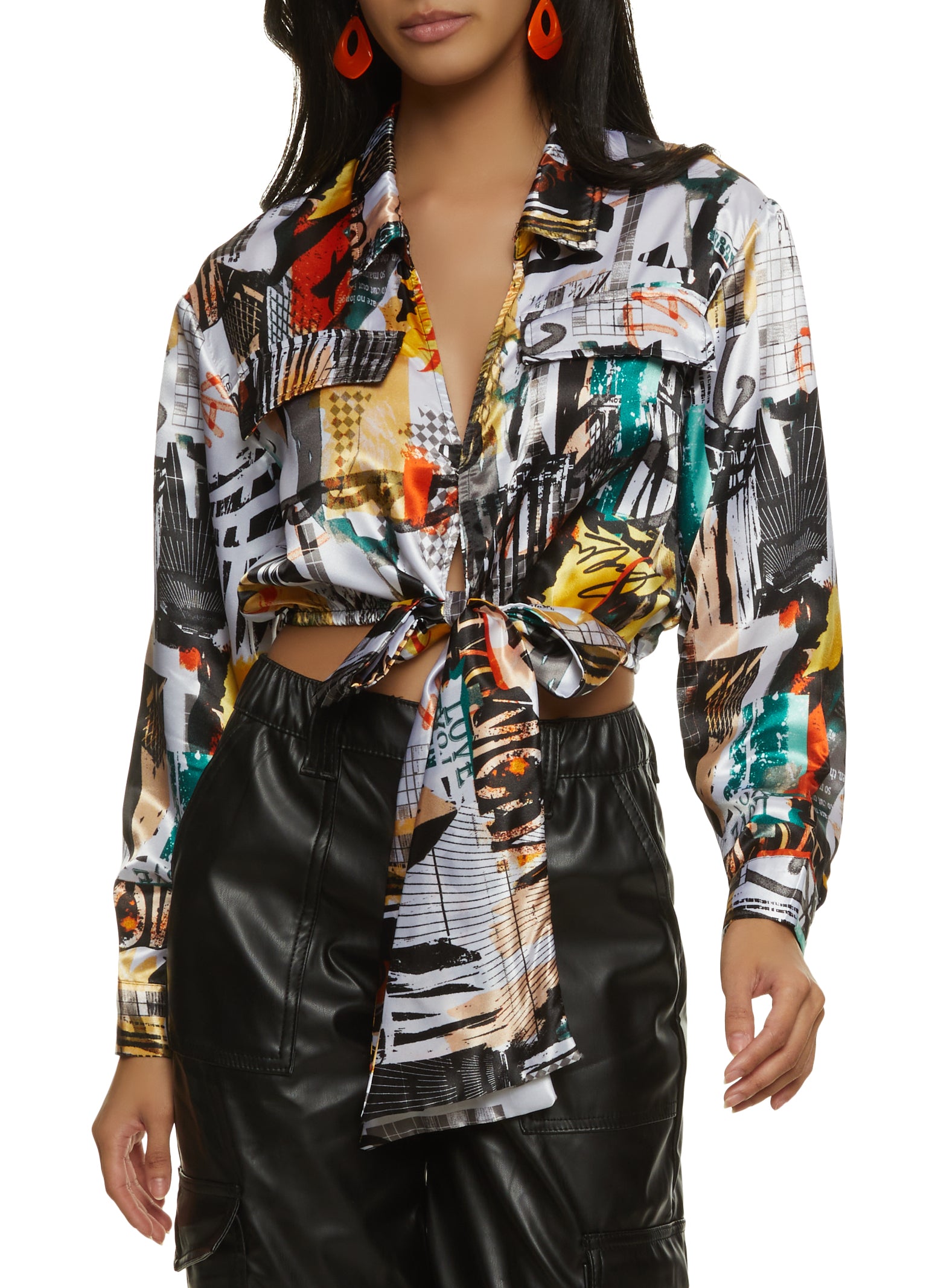 Satin Printed Tie Front Blouse - Multi Color