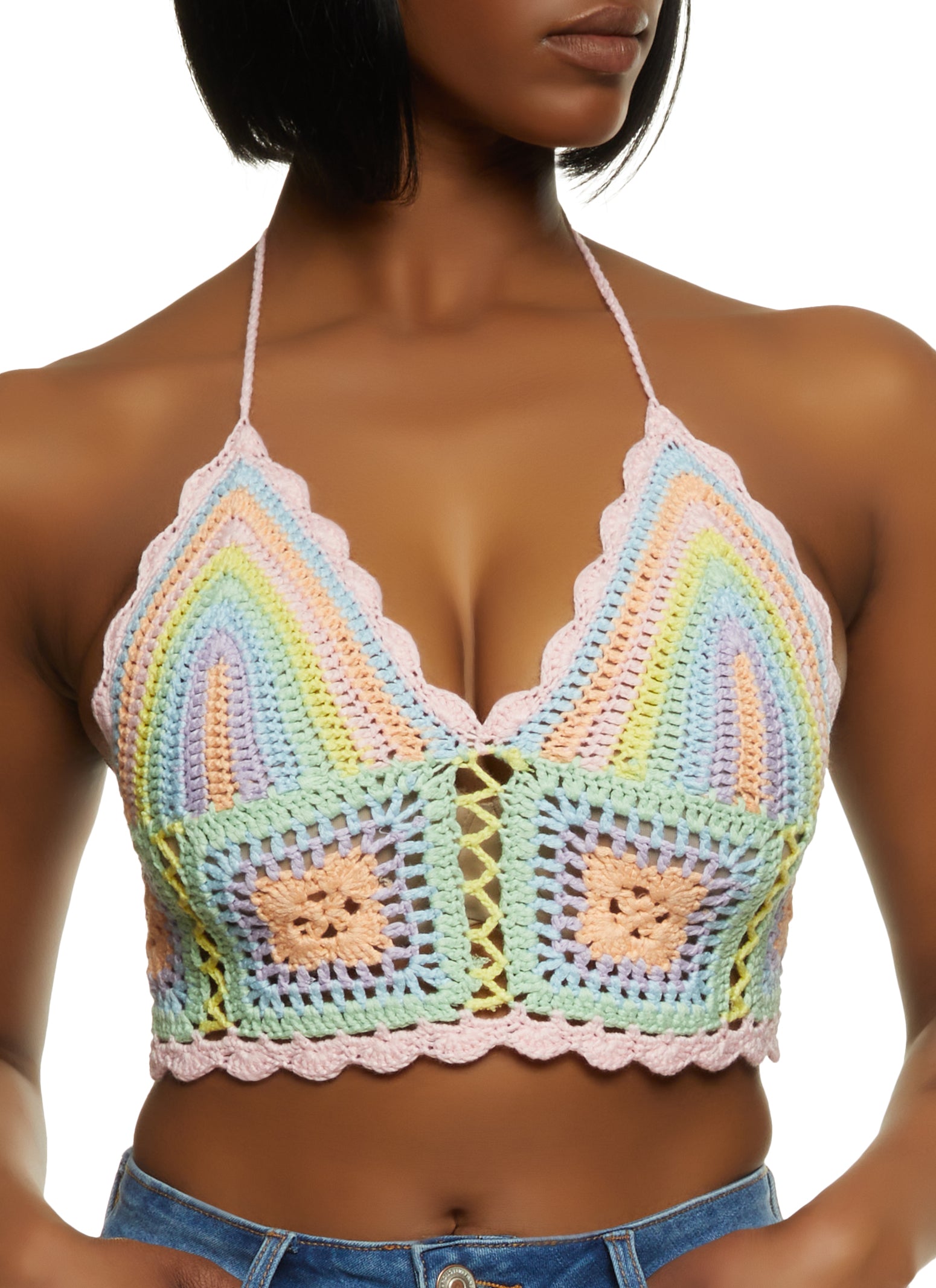 Scalloped Crochet Halter Top - Multi Color