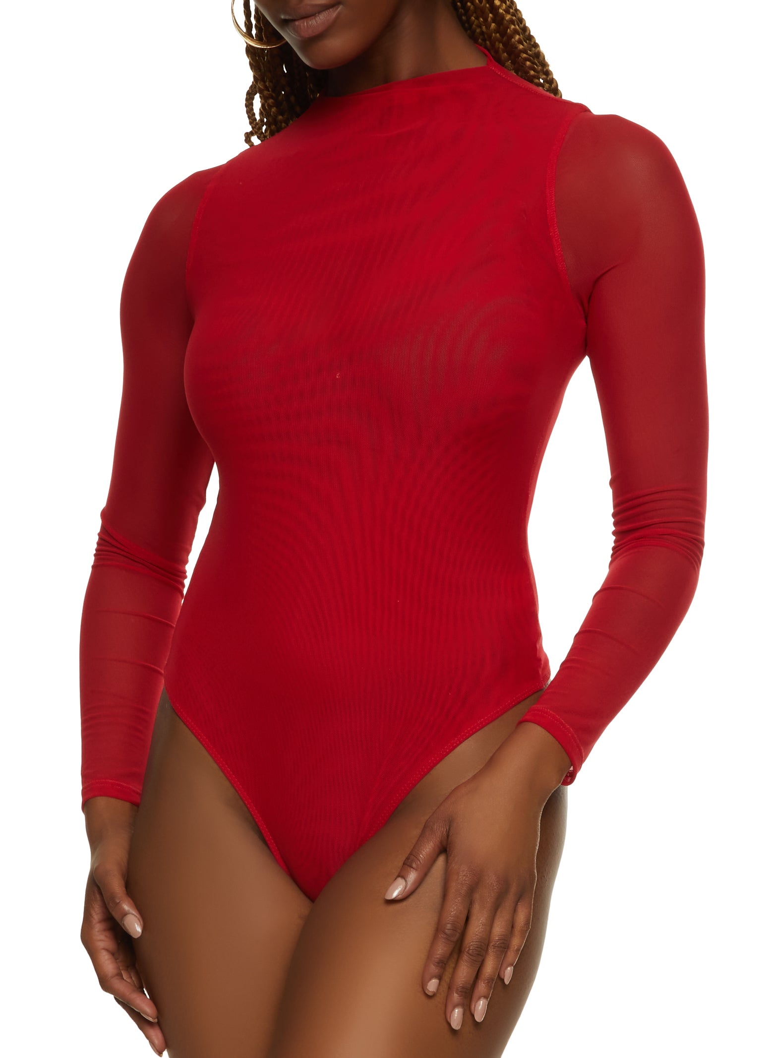 Express Bodycon Velvet Mock Neck Long Sleeve Bodysuit Red Women's XL