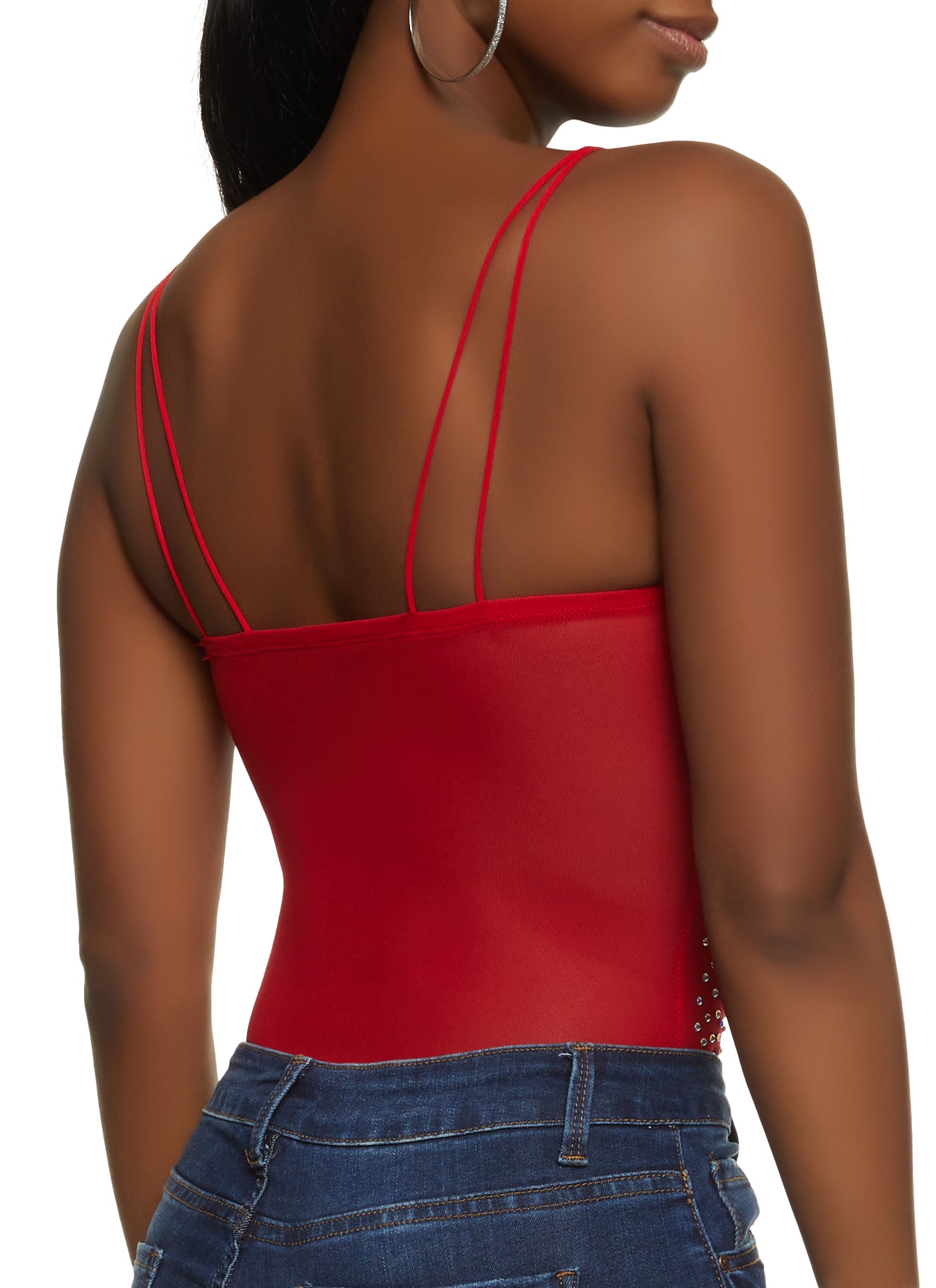 Rhinestone Studded Strappy Bustier Bodysuit - Red