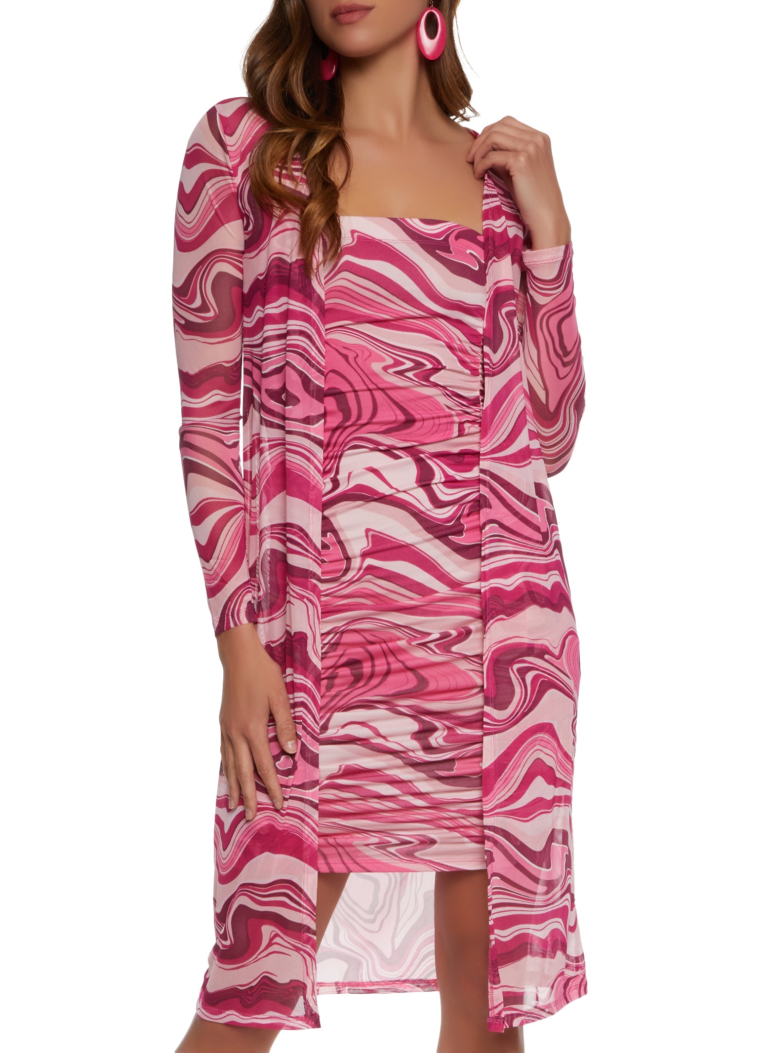 Patterned Ruched Tube Dress and Duster Set