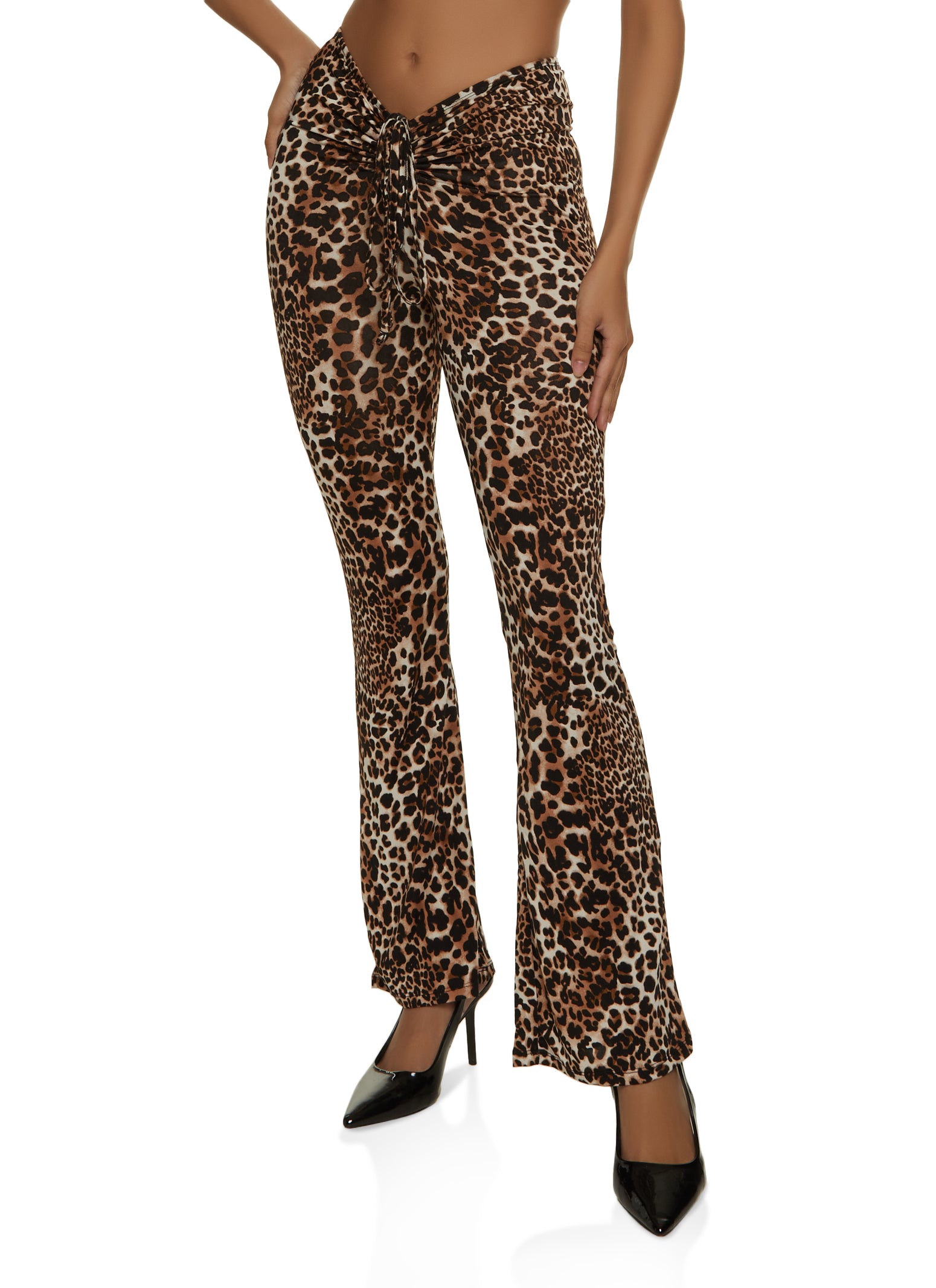 Animal Print Ruched Front Flare Leg Pants