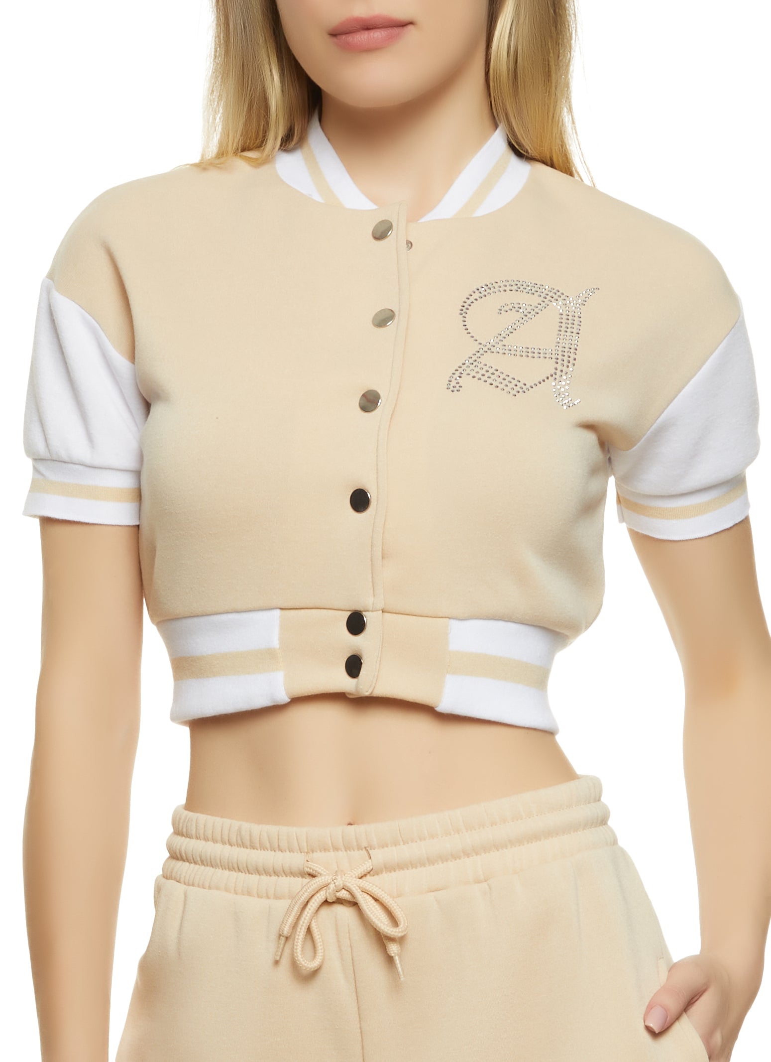 Rhinestone Graphic Short Sleeve Baseball Jacket - Beige
