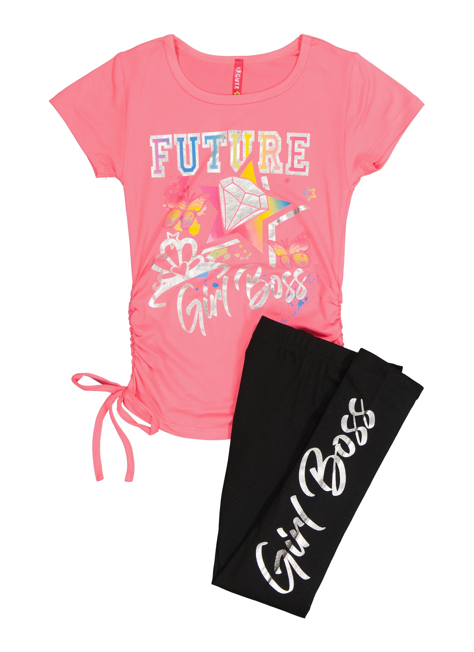 Little Girls Future Girl Boss Foil Graphic Tee and Leggings - Neon