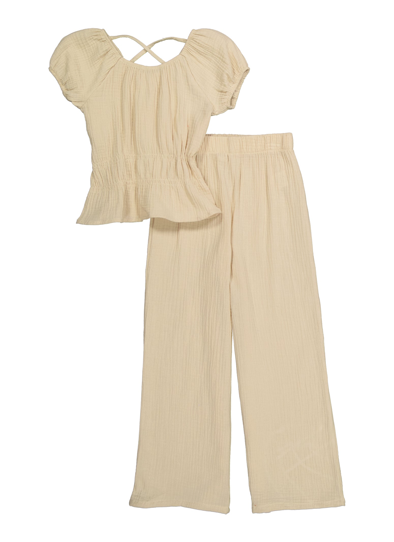 Girls Cotton Woven Peplum Top and Wide Leg Pants - Khaki