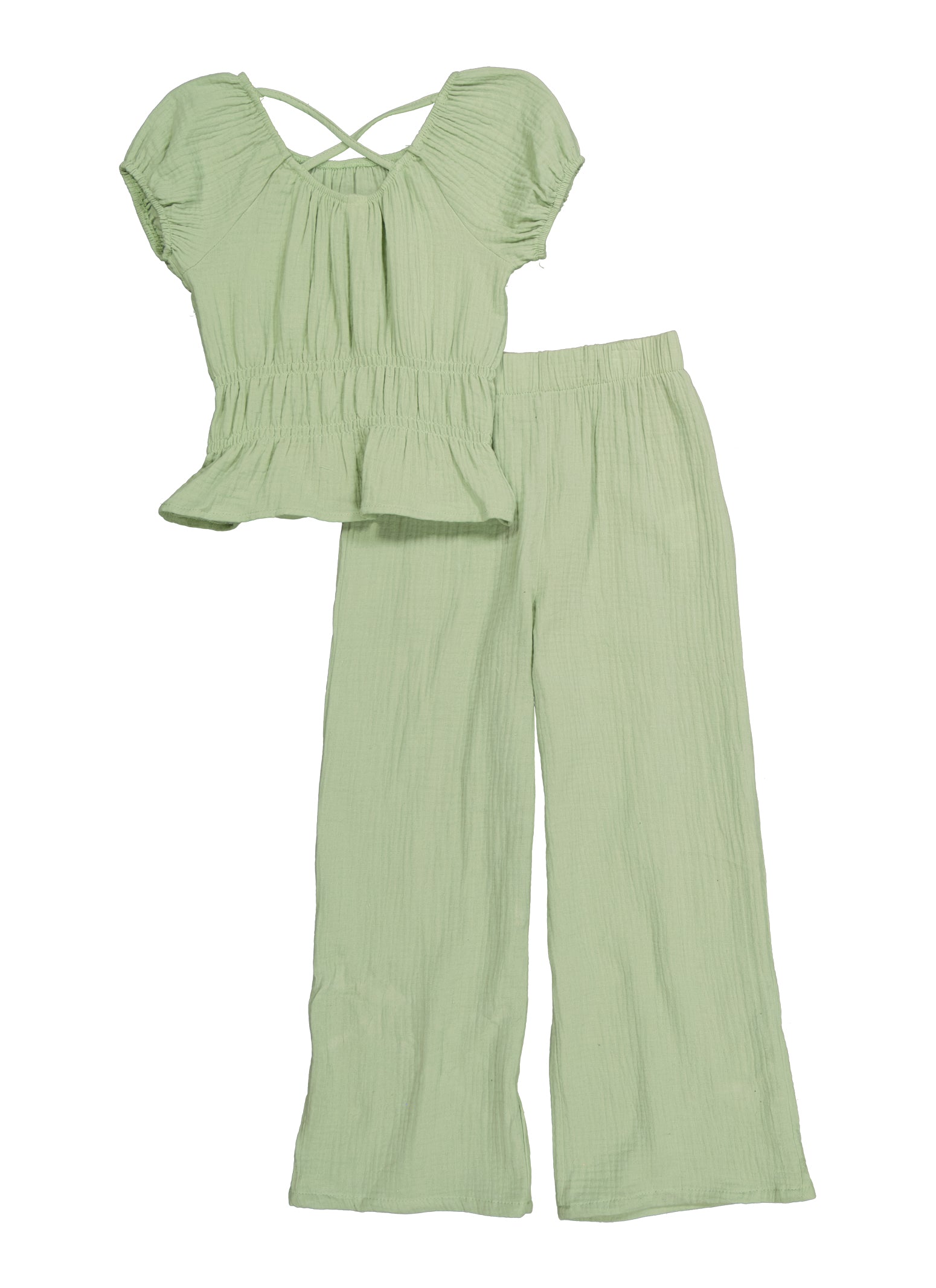 Girls Cotton Woven Peplum Top and Wide Leg Pants - Green