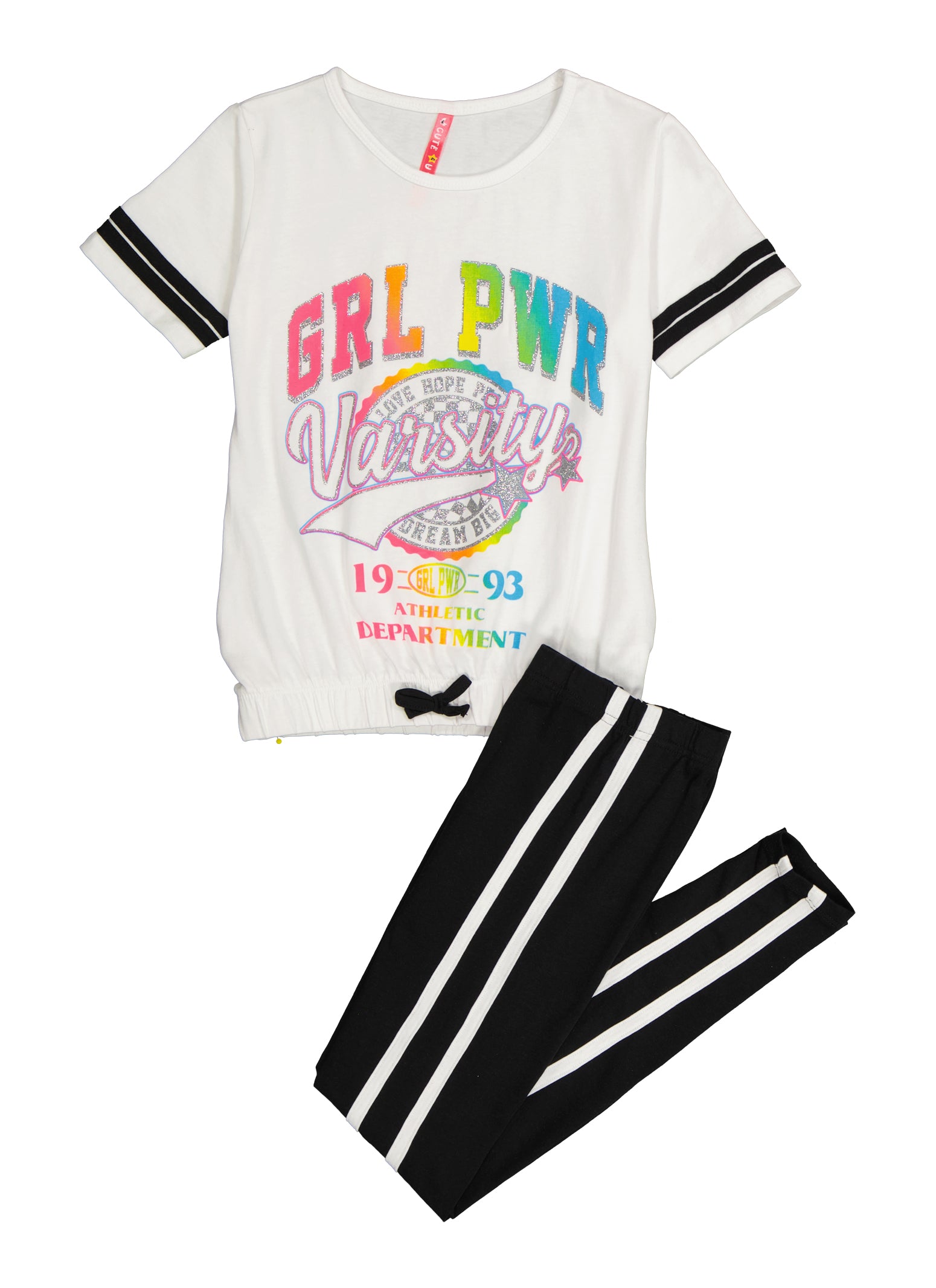 Girls Glitter Varsity Stripe Grl Pwr Graphic Tee and Leggings