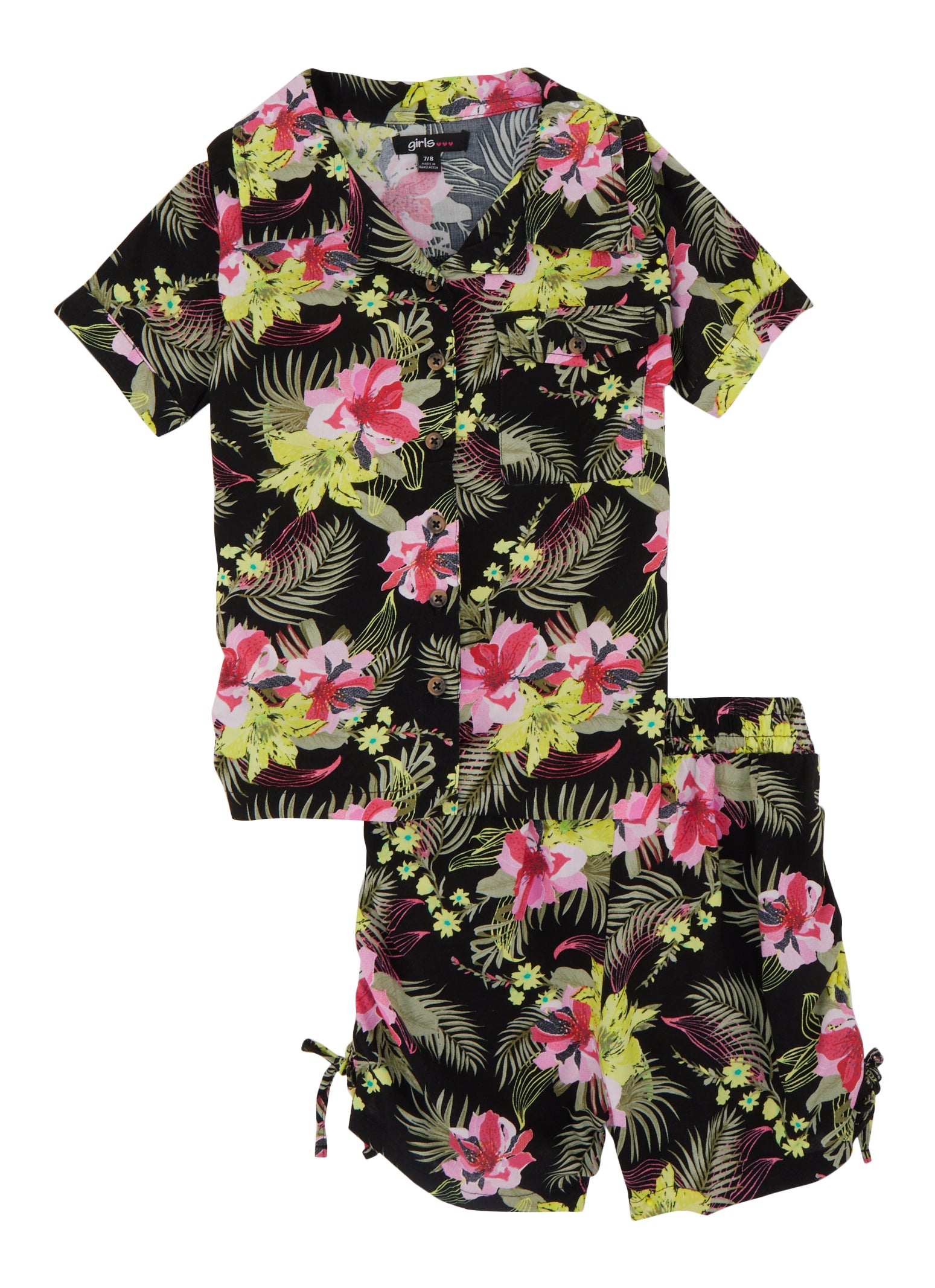 Girls Tropical Print Button Front Top and Shorts
