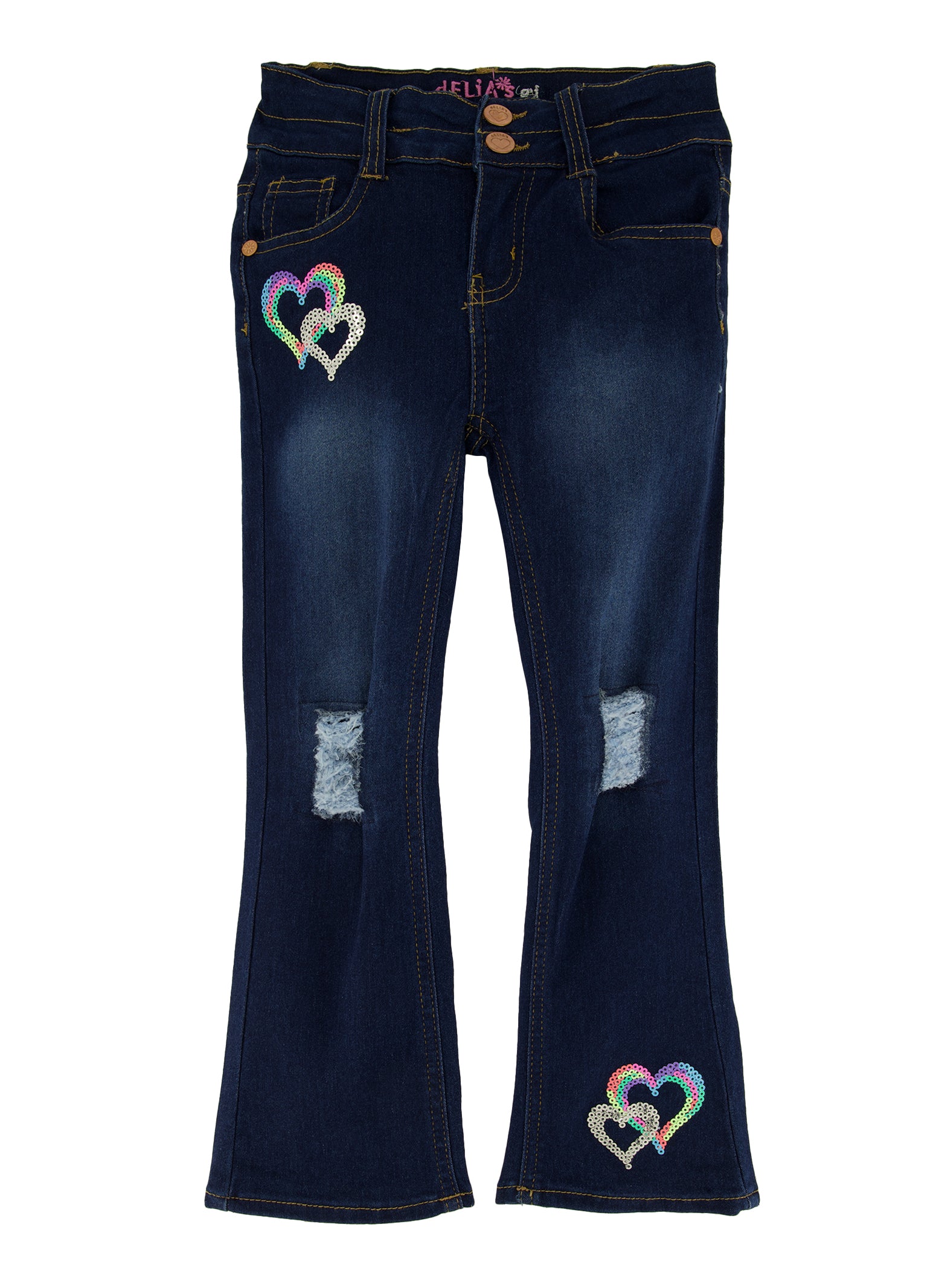 Little Girls Sequin Heart Distressed Flare Jeans - Dark Wash