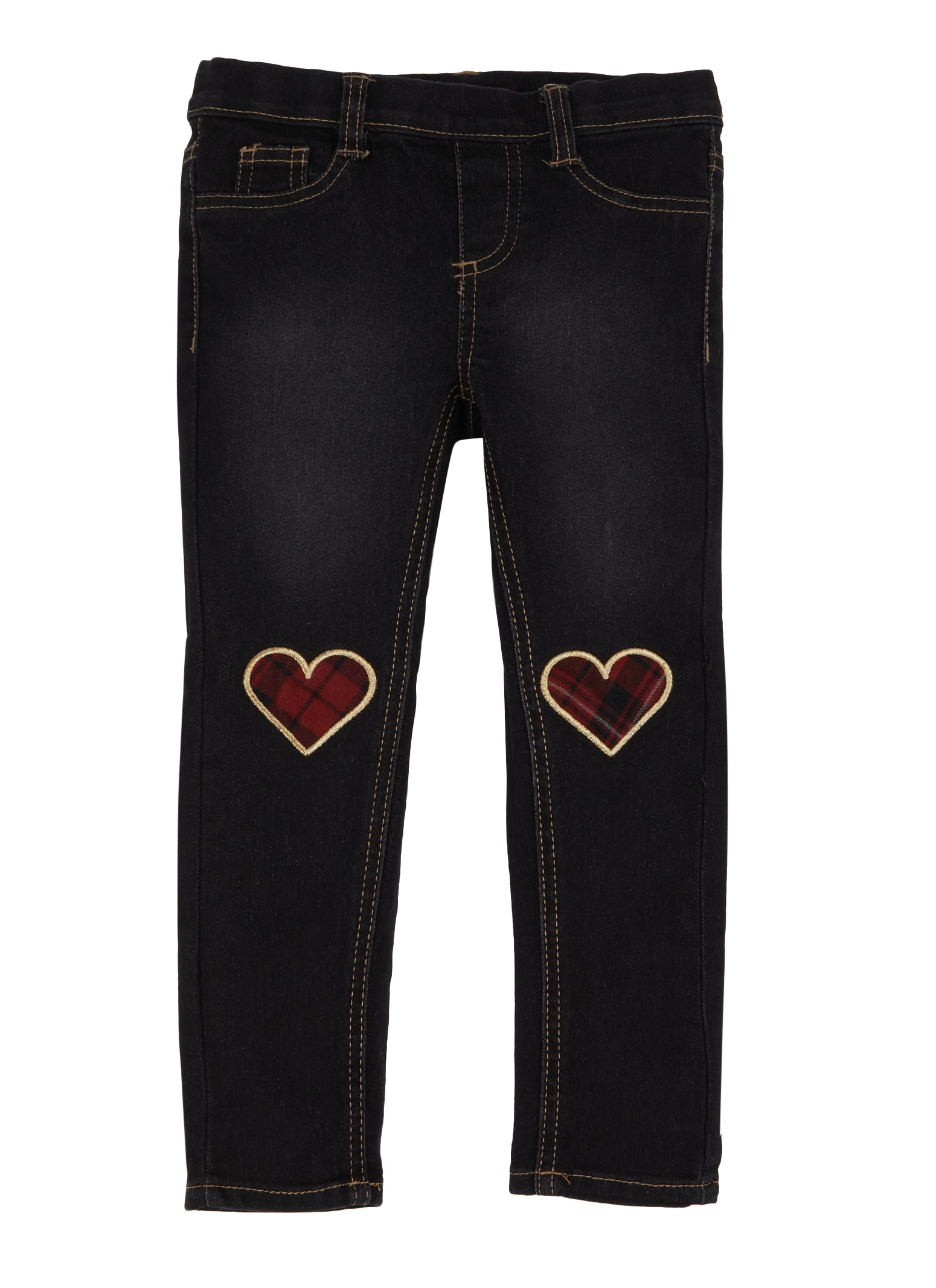 Girls Embroidered Plaid Heart Jeggings - Black