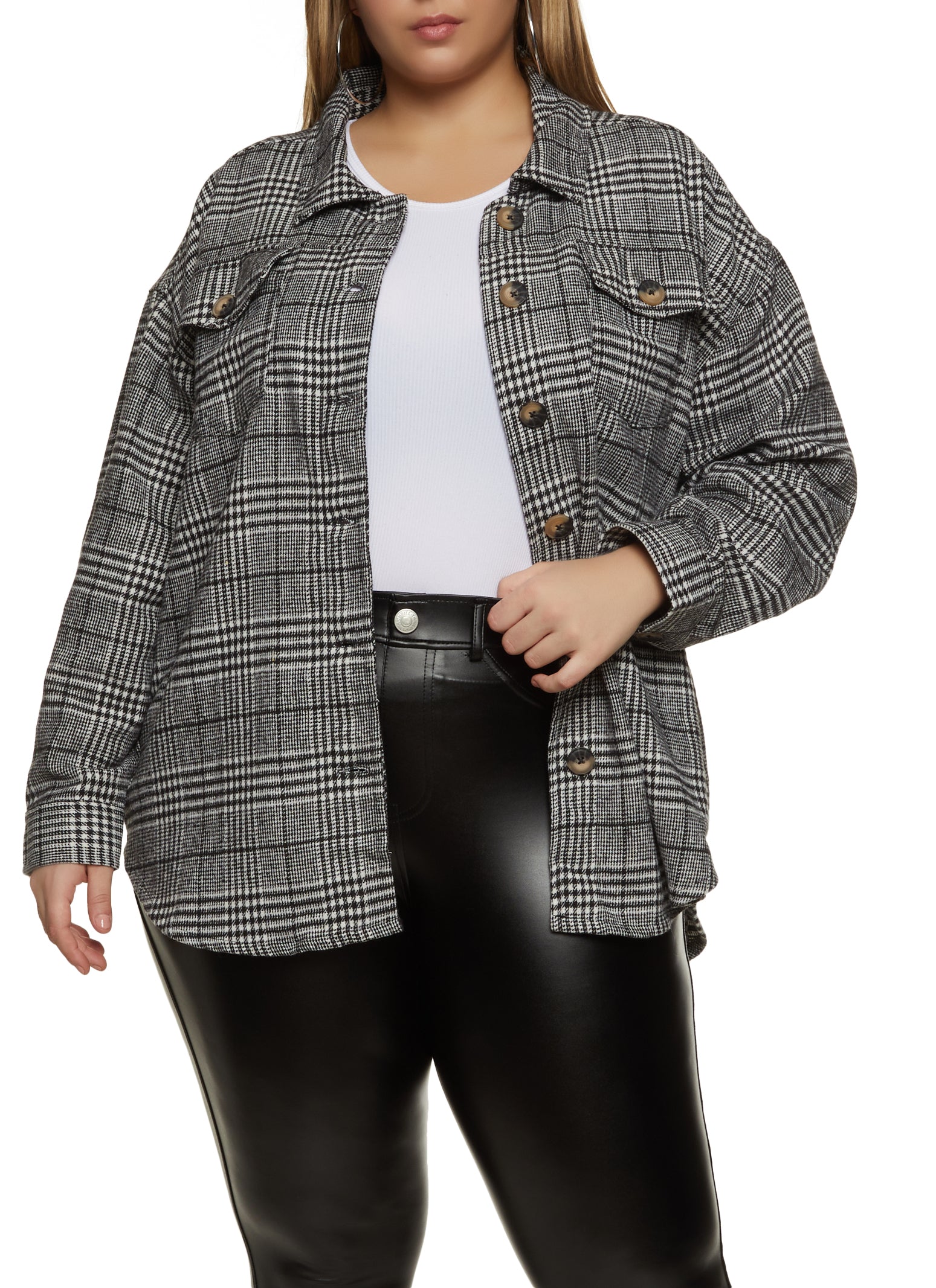 Plus Size Brushed Knit Plaid Button Front Shacket
