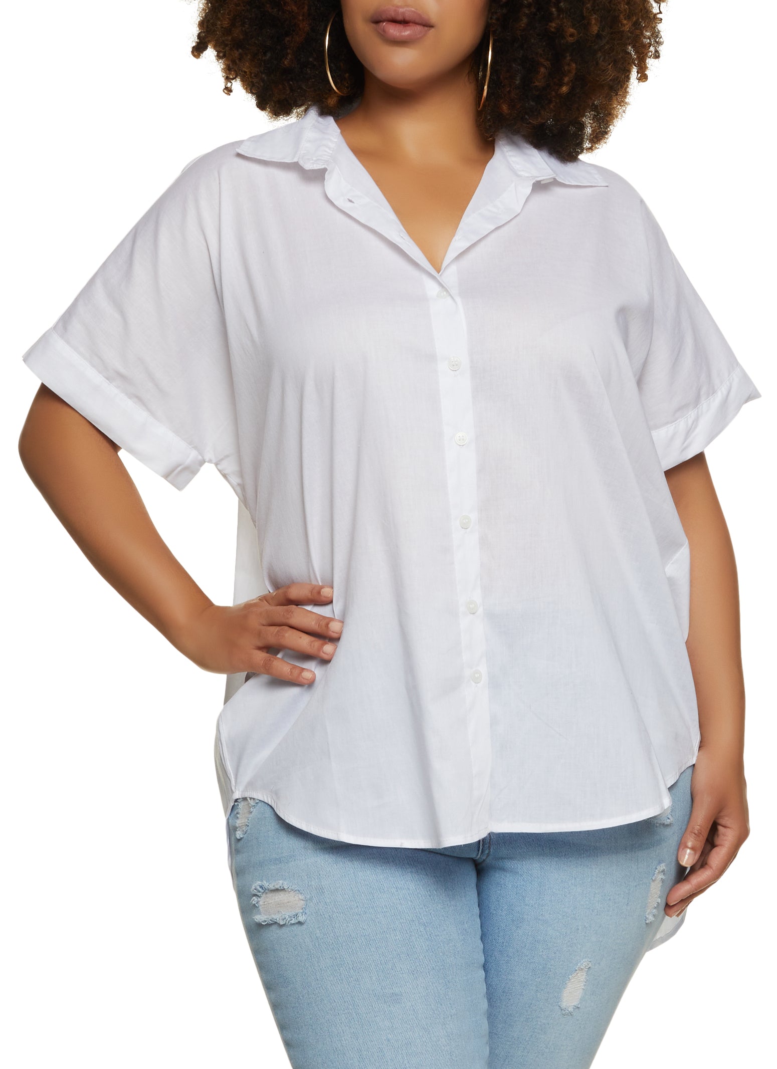 Plus Size Poplin Button Front High Low Shirt