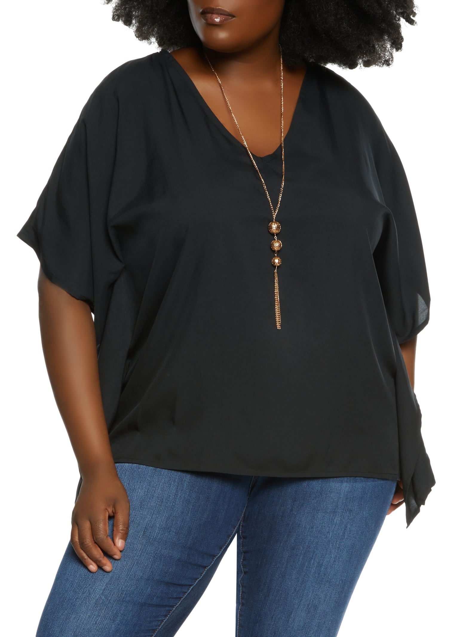 Plus Size Solid Poncho with Necklace