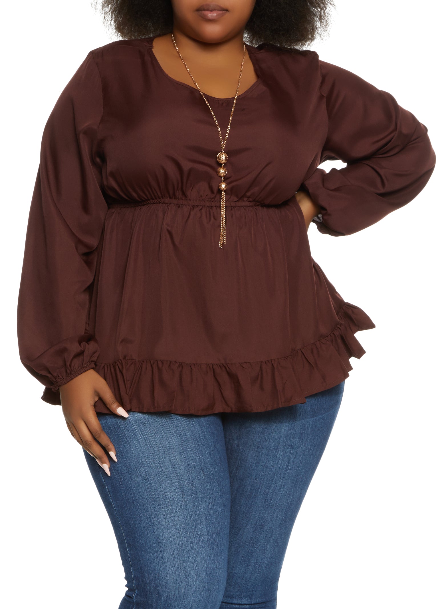 Plus Size Ruffle Trim Peplum Blouse with Necklace