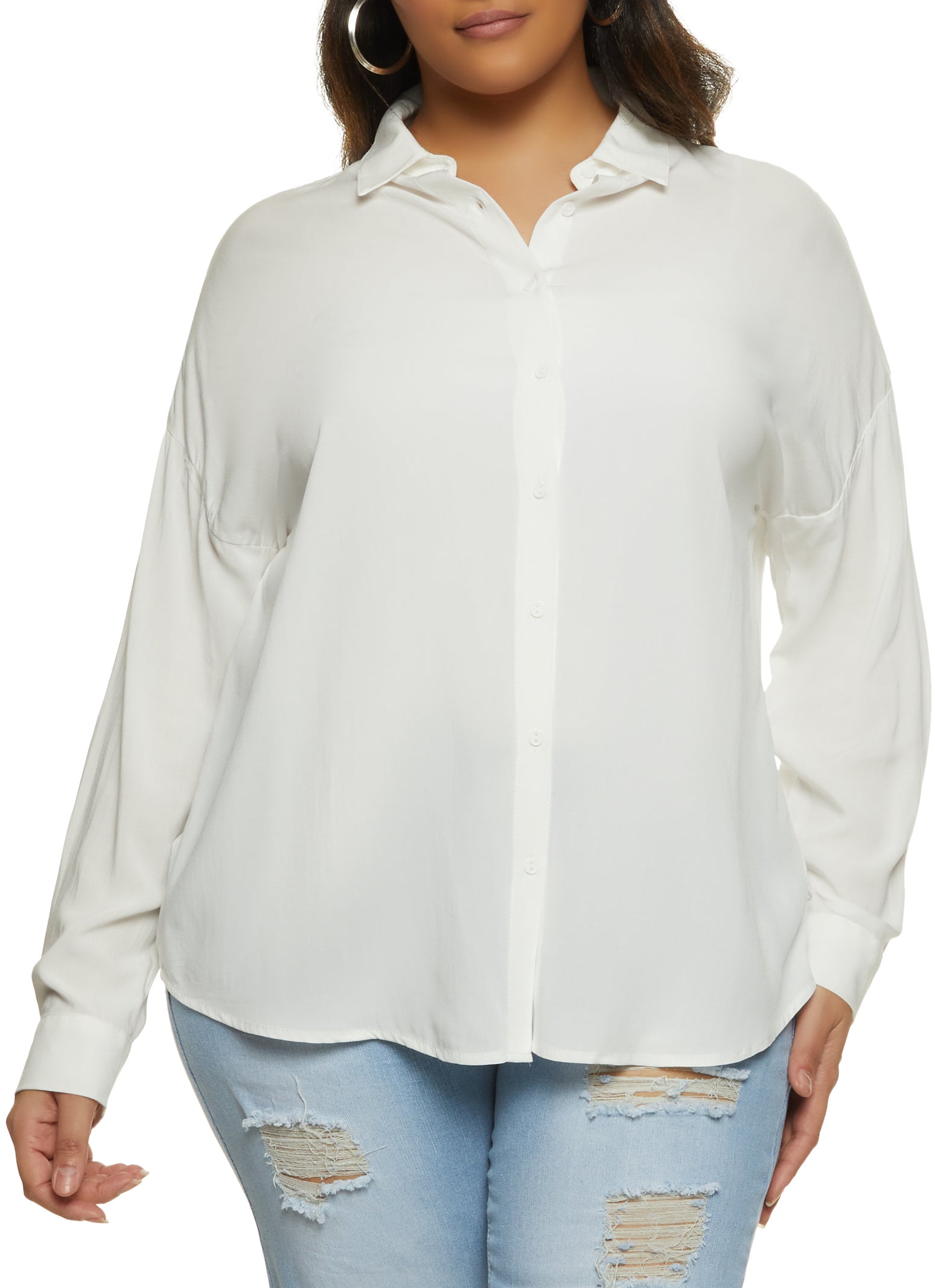 Plus Size Solid Ruched Detail Button Front Shirt
