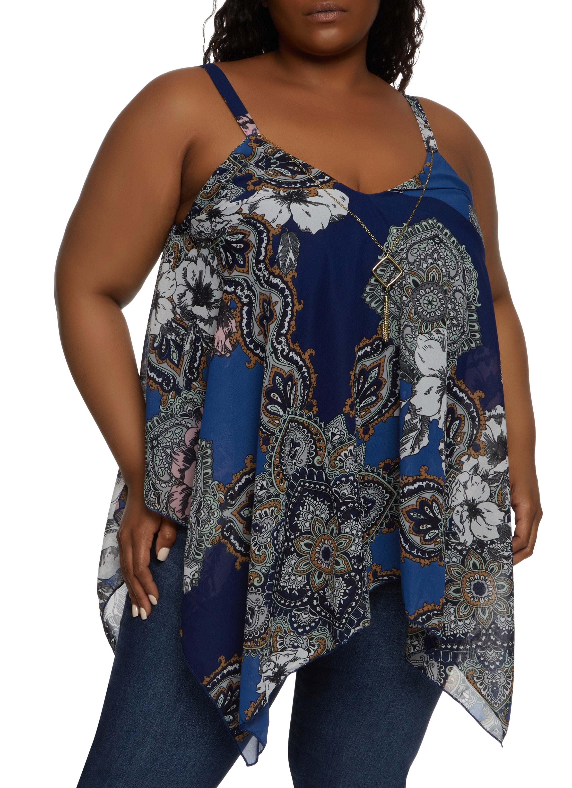 Plus Size Sleeveless Floral Paisley Print Top with Necklace