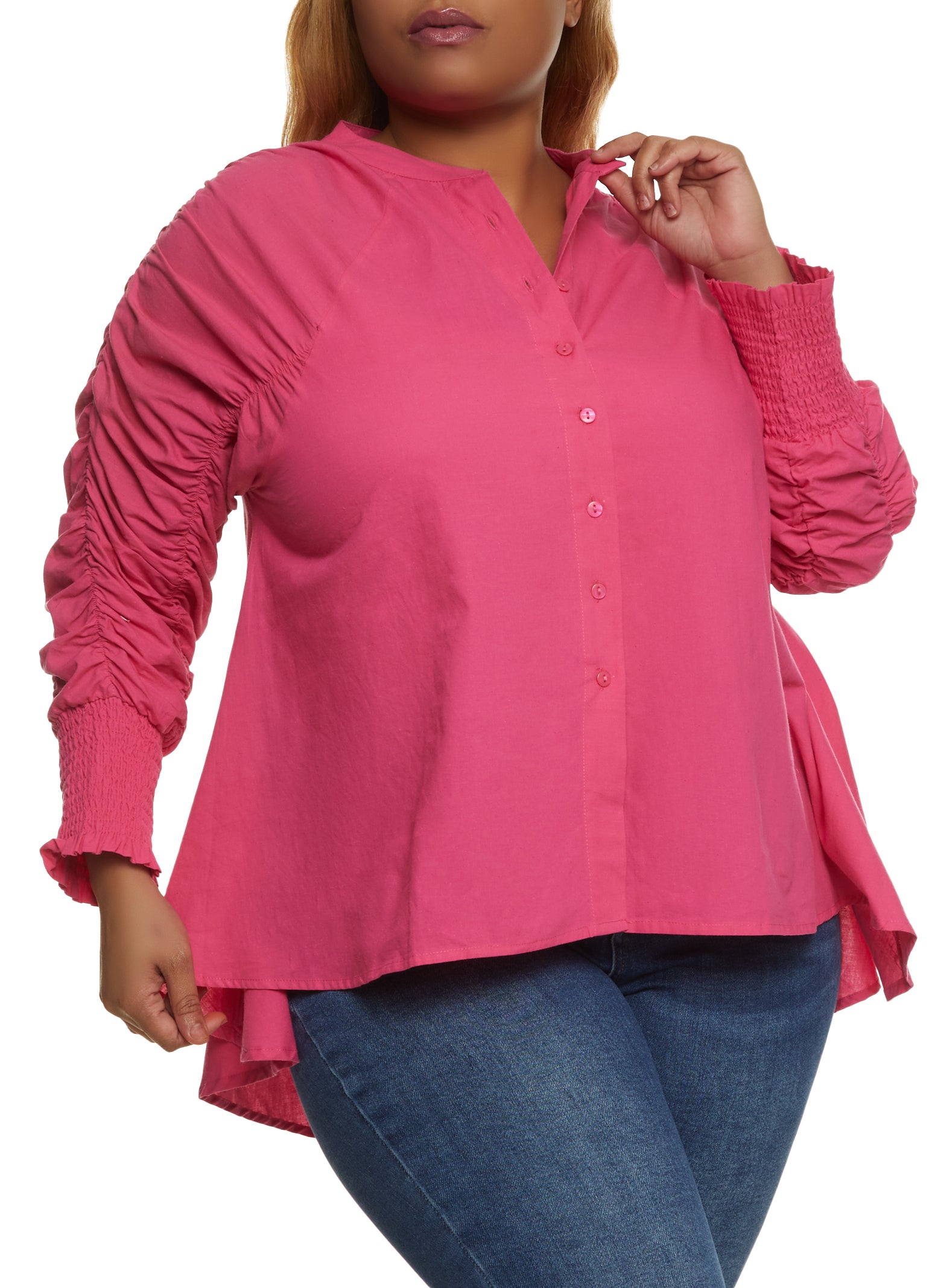 Plus Size Ruched Smocked Sleeve High Low Shirt