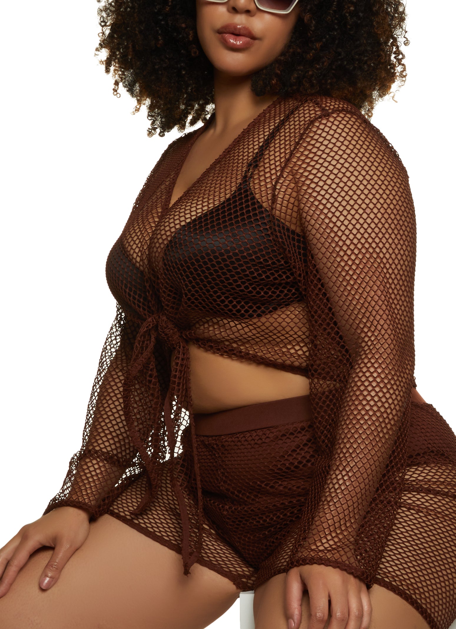 Plus Size Fishnet Tie Front Crop Top