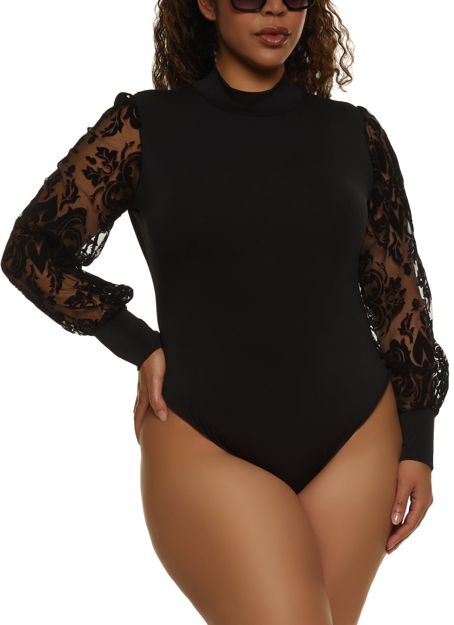 Plus Size Printed Velvet Burnout Sleeve Bodysuit - Black
