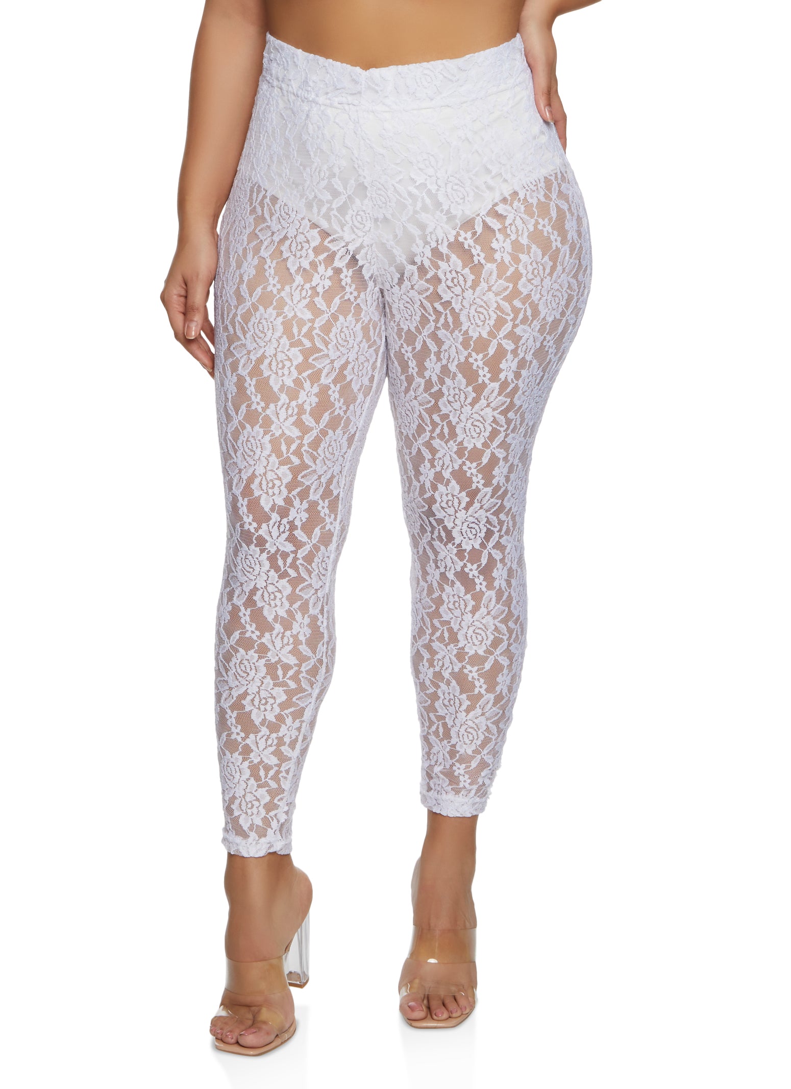 Plus Size Lace High Waisted Leggings - White