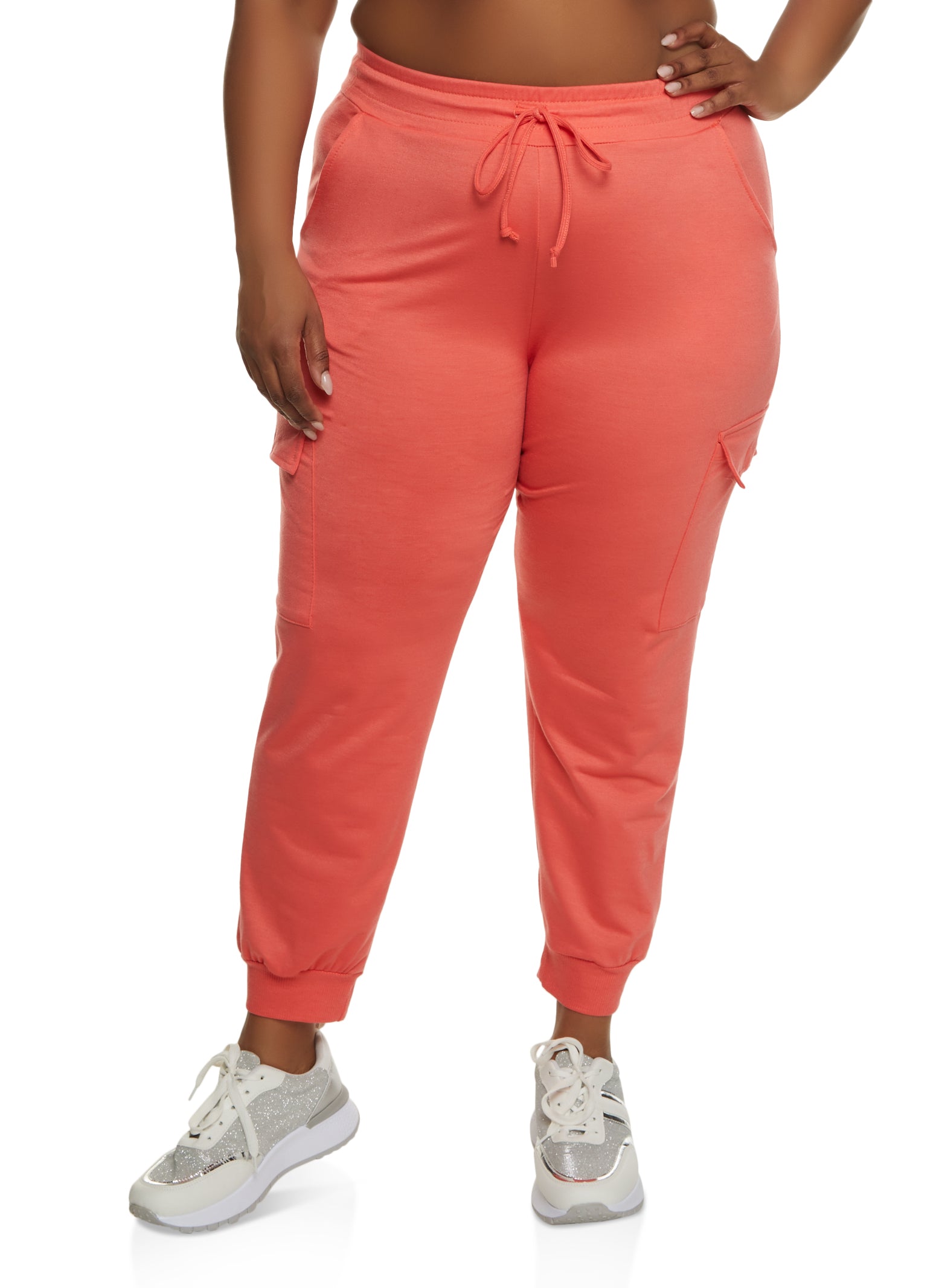 Plus Size French Terry High Waist Joggers - Coral