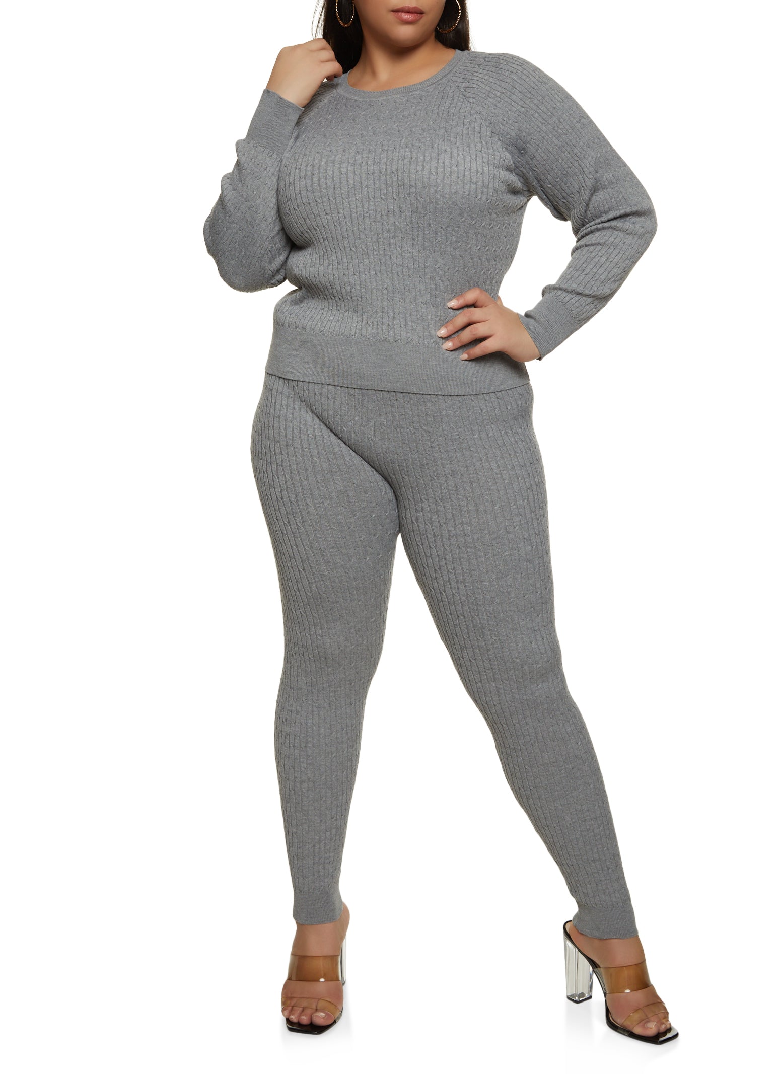 Cable Knit Crew Neck Sweater and Leggings Set - Heather