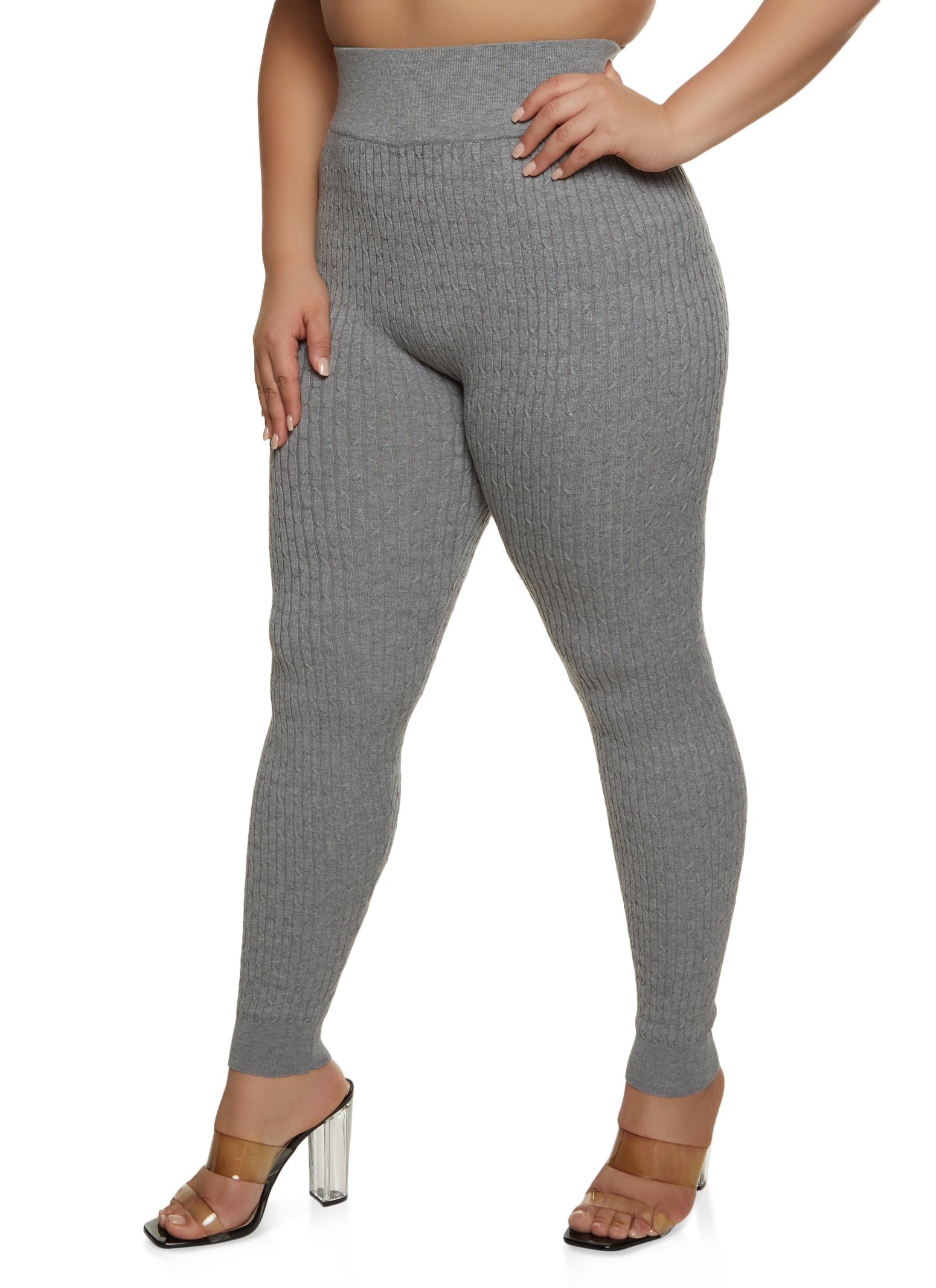 Plus Size Wide Waistband Cable Knit Leggings - Heather