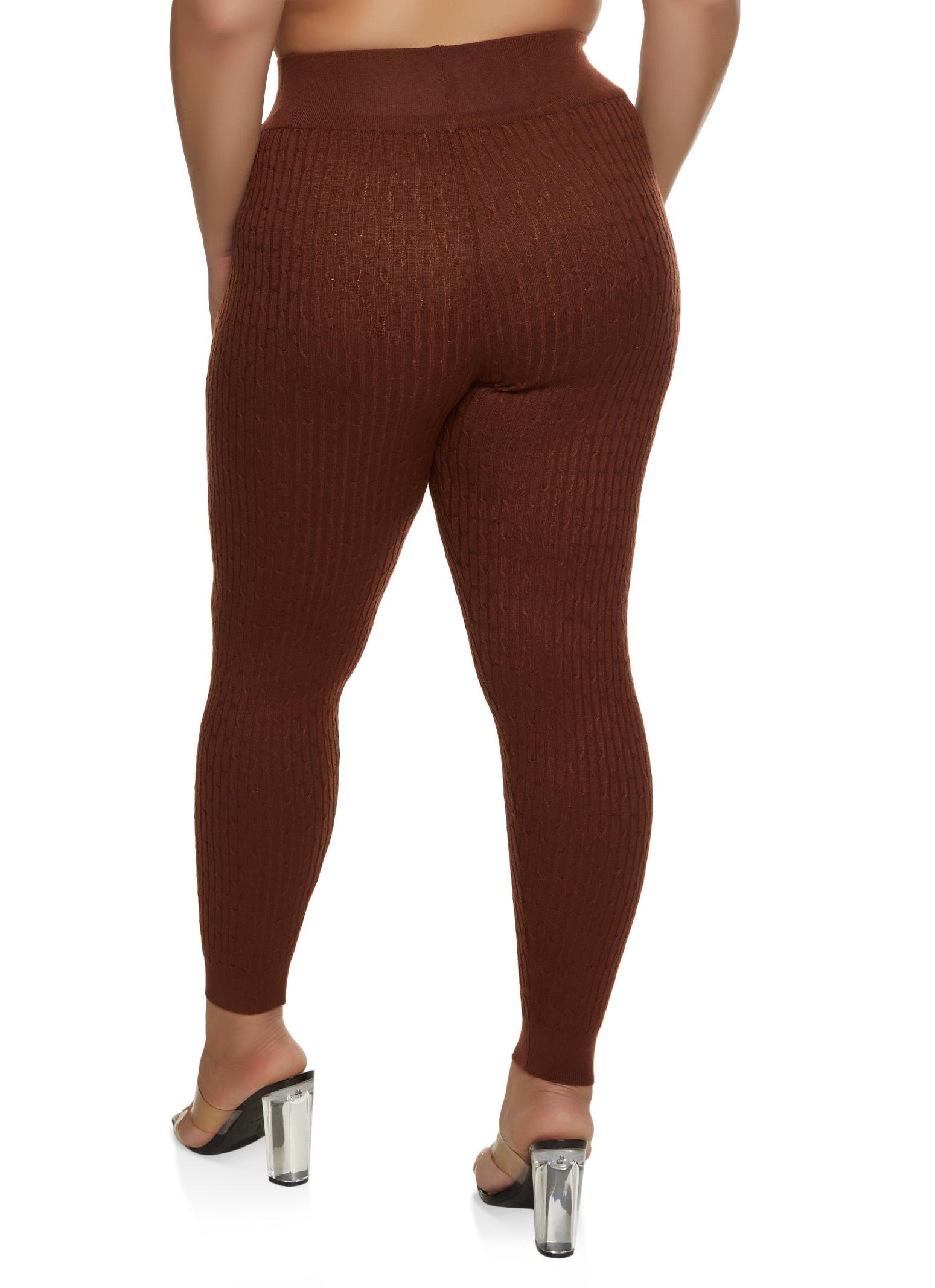 Plus Size Wide Waistband Cable Knit Leggings - Brown