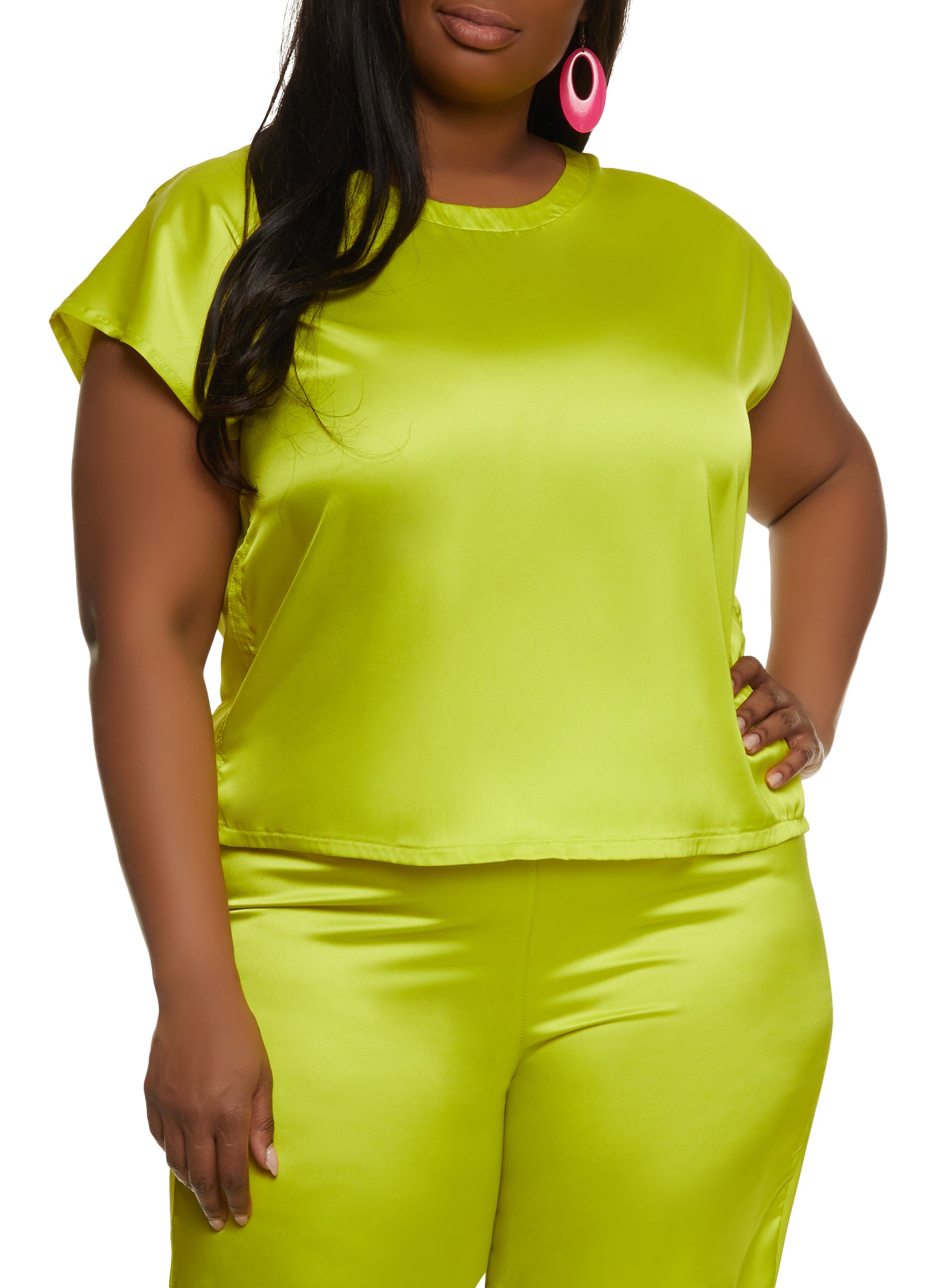 Plus Size Satin Short Sleeve Blouse - Lime